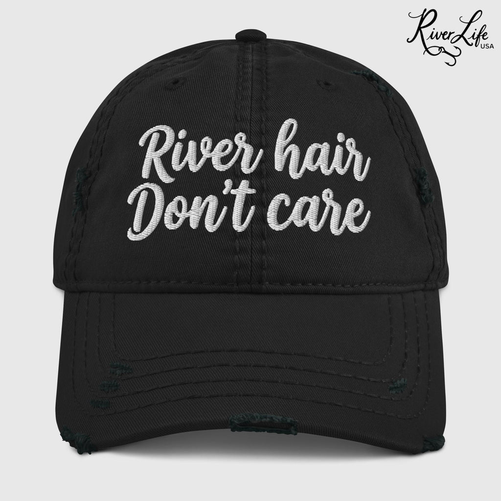 River Hair Don't Care (white embroidery) | Adjustable Distressed Dad Hat-Black-River Life USA