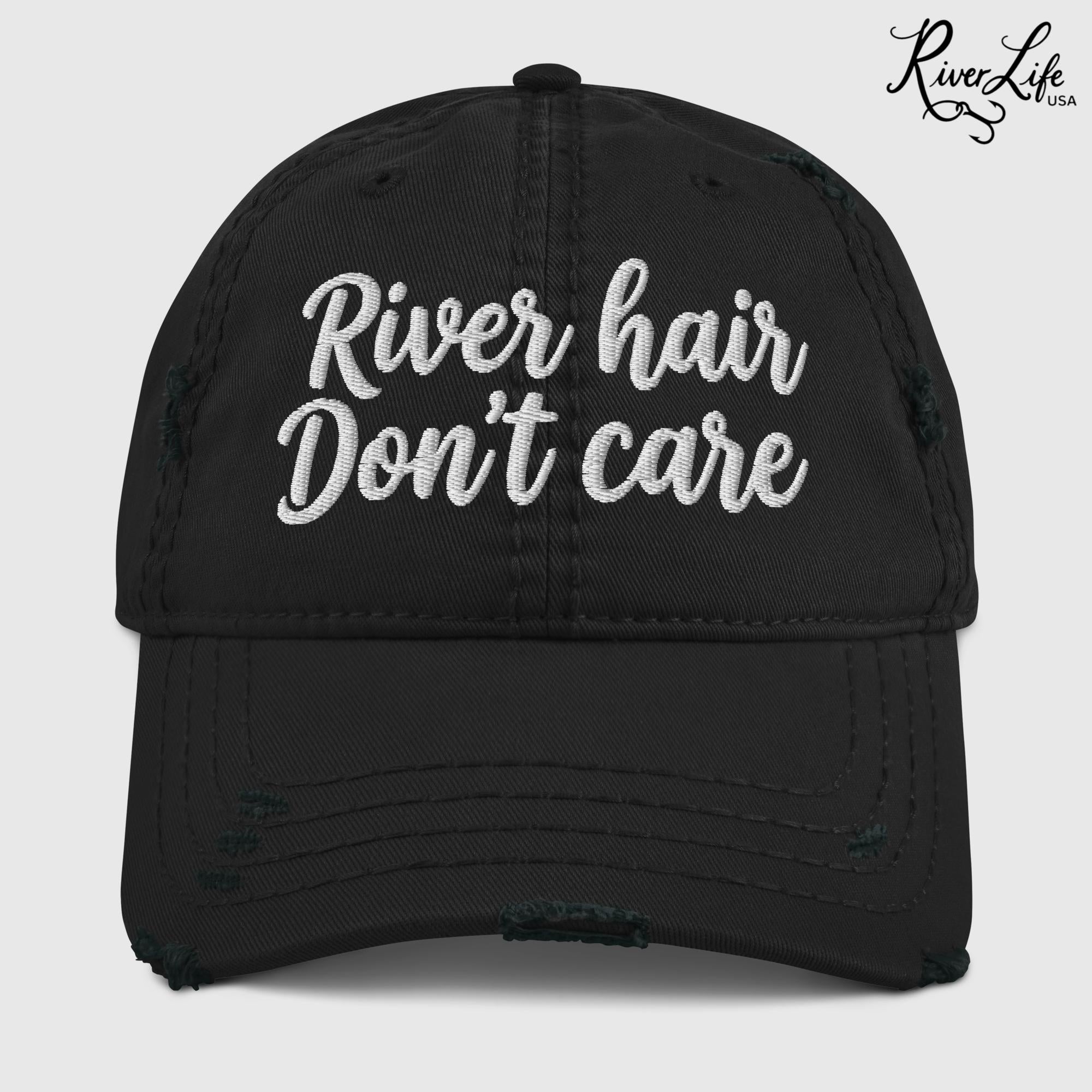 River Hair Don't Care (white embroidery) | Adjustable Distressed Dad Hat-Black-River Life USA