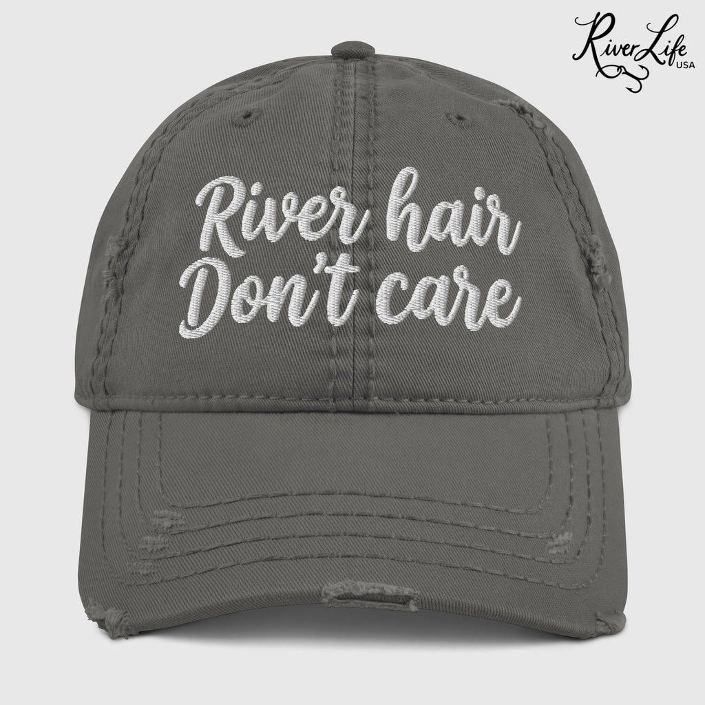 River Hair Don't Care (white embroidery) | Adjustable Distressed Dad Hat-Charcoal Grey-River Life USA