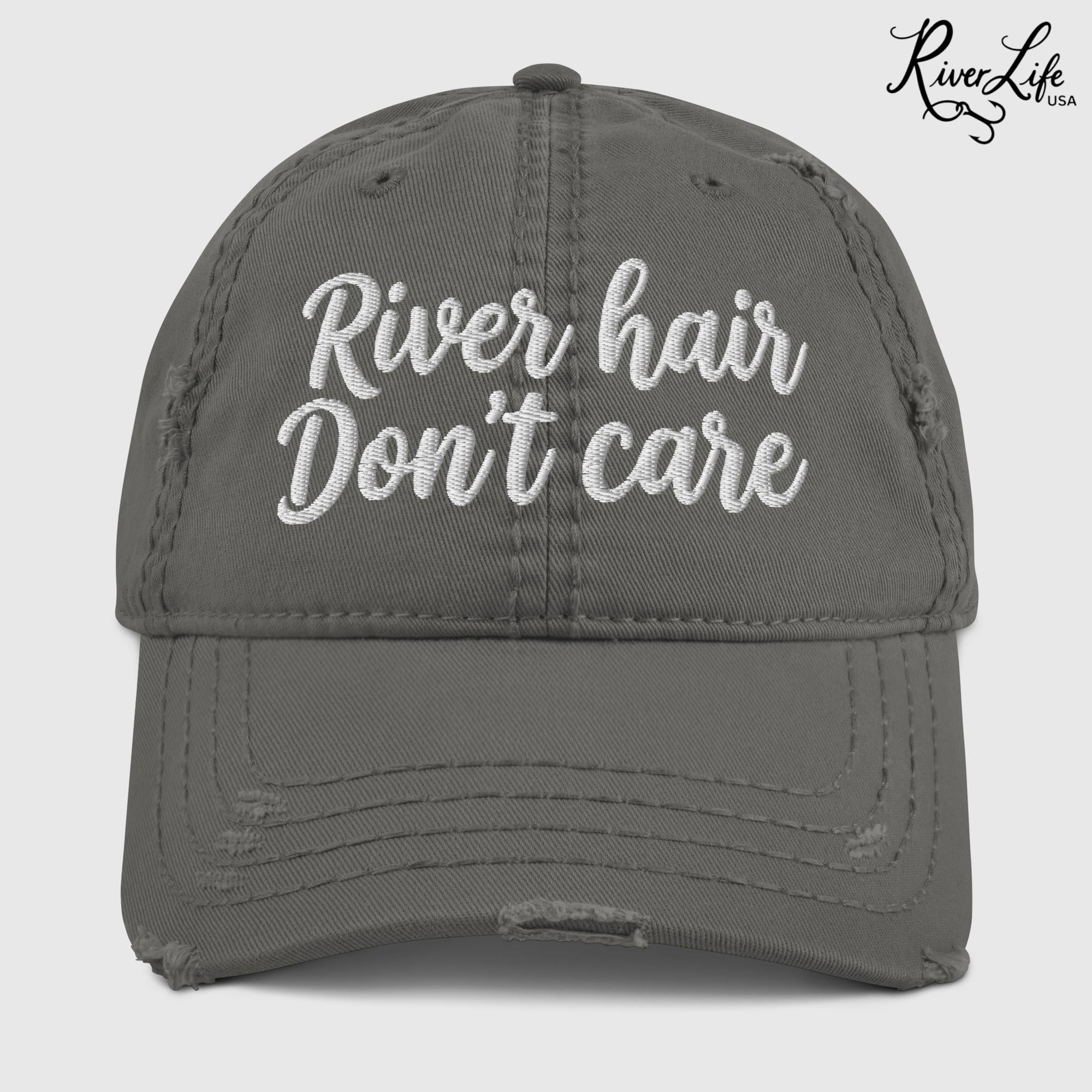 River Hair Don't Care (white embroidery) | Adjustable Distressed Dad Hat-Charcoal Grey-River Life USA