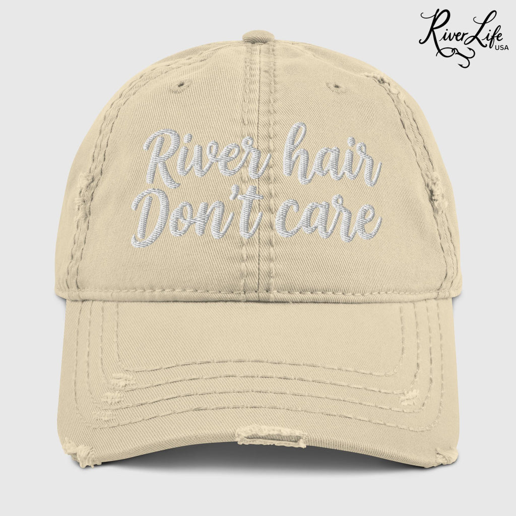 River Hair Don't Care (white embroidery) | Adjustable Distressed Dad Hat-Khaki-River Life USA