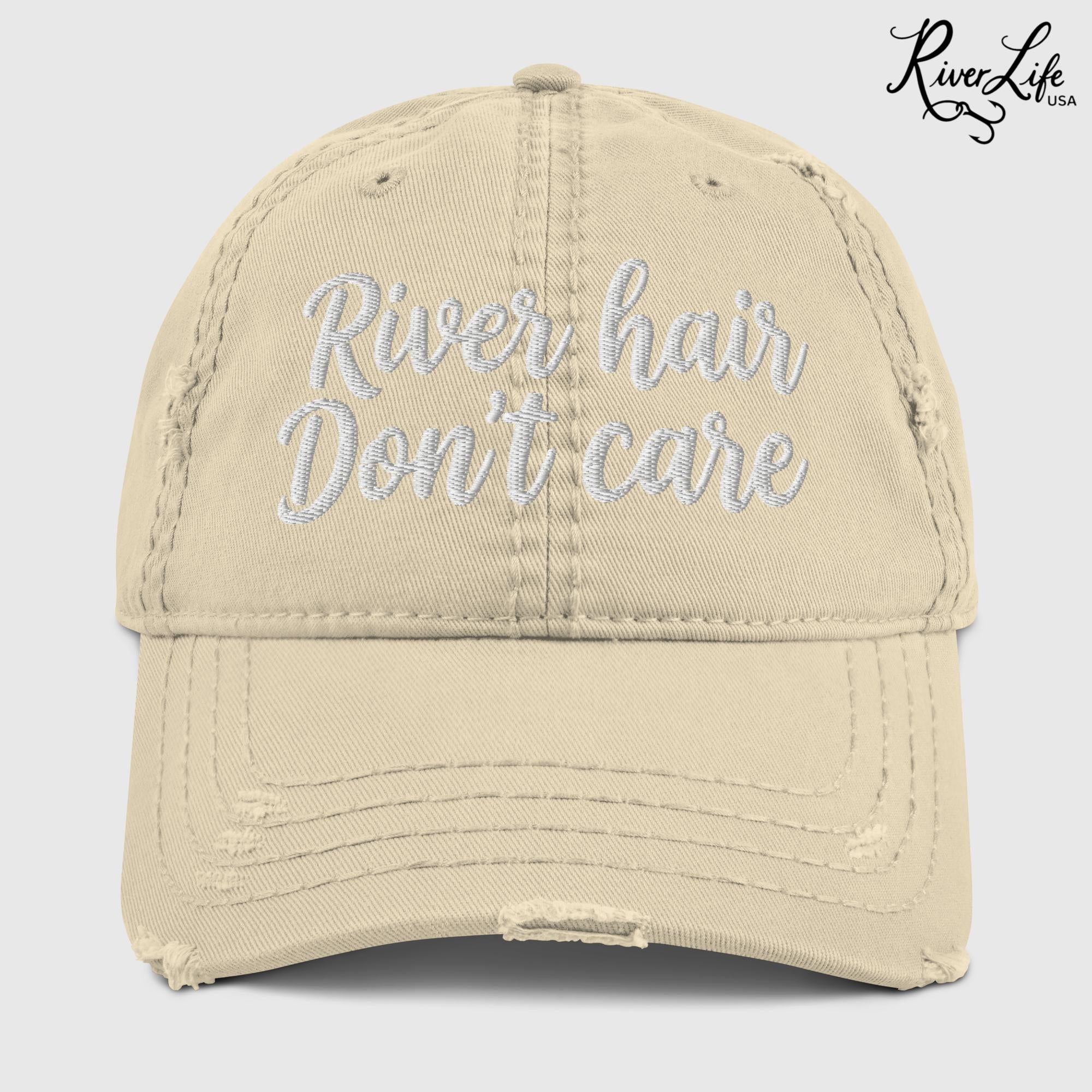 River Hair Don't Care (white embroidery) | Adjustable Distressed Dad Hat-Khaki-River Life USA