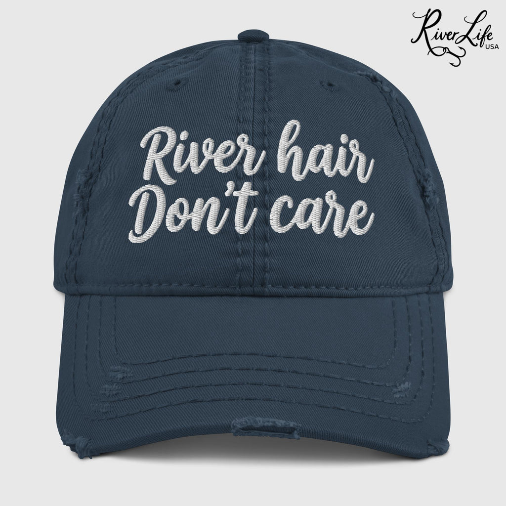 River Hair Don't Care (white embroidery) | Adjustable Distressed Dad Hat-Navy-River Life USA