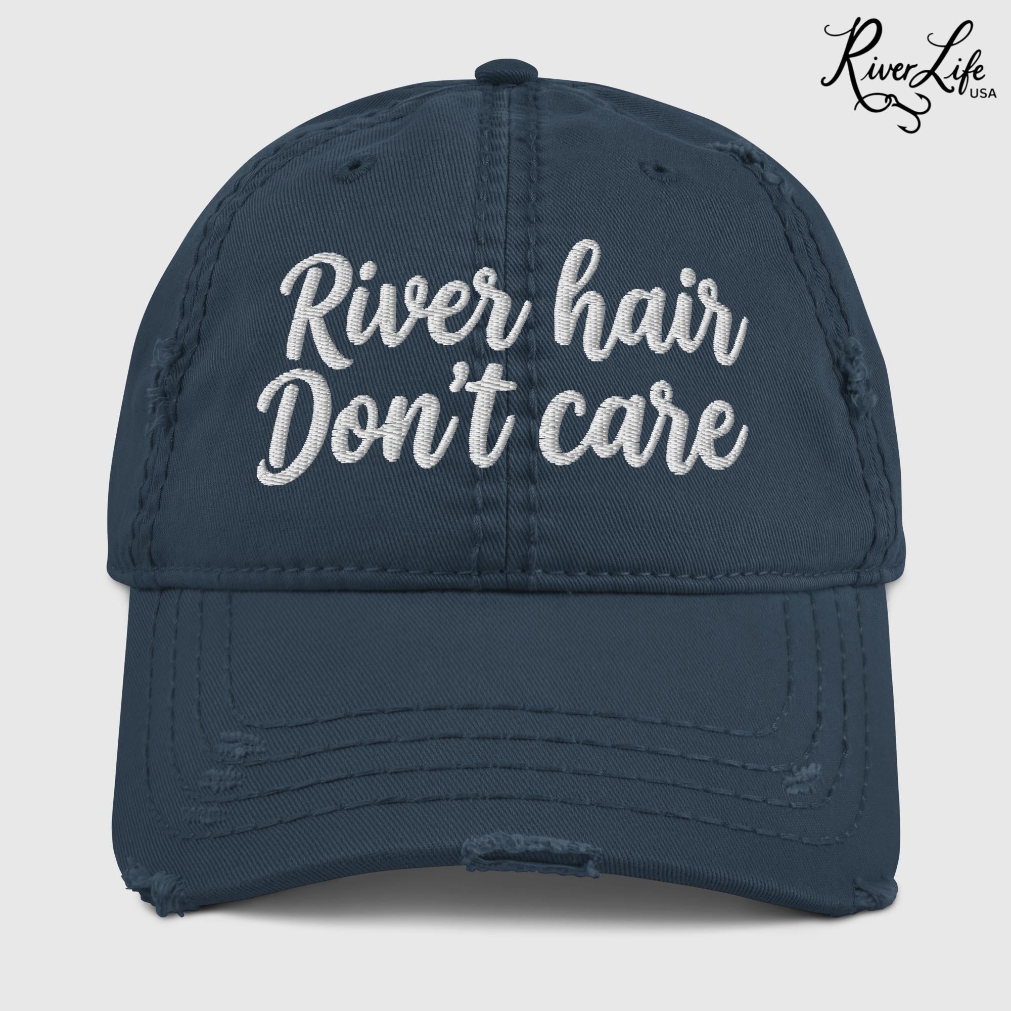 River Hair Don't Care (white embroidery) | Adjustable Distressed Dad Hat-Navy-River Life USA