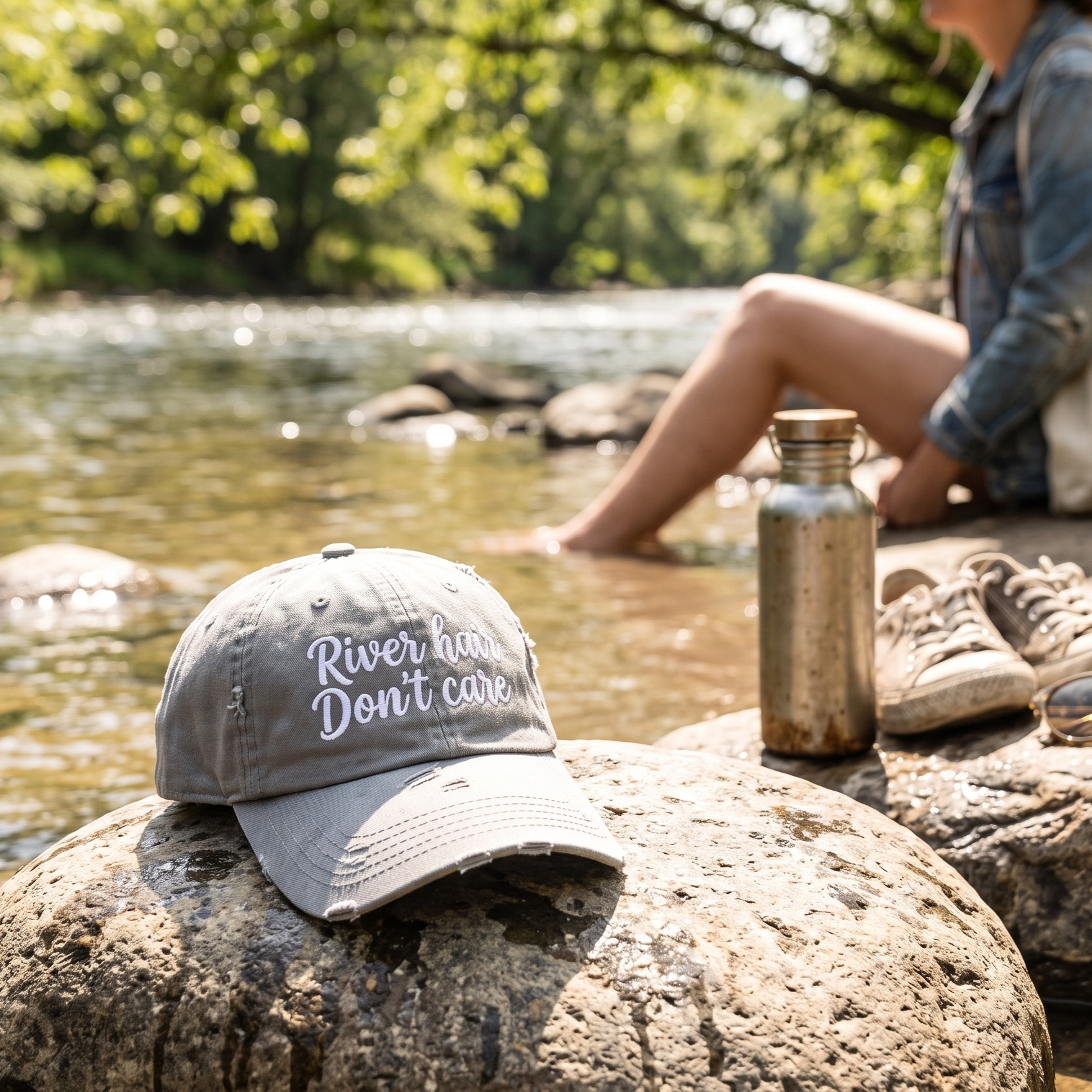 River Hair Don't Care (white embroidery) | Adjustable Distressed Dad Hat-Charcoal Grey-River Life USA