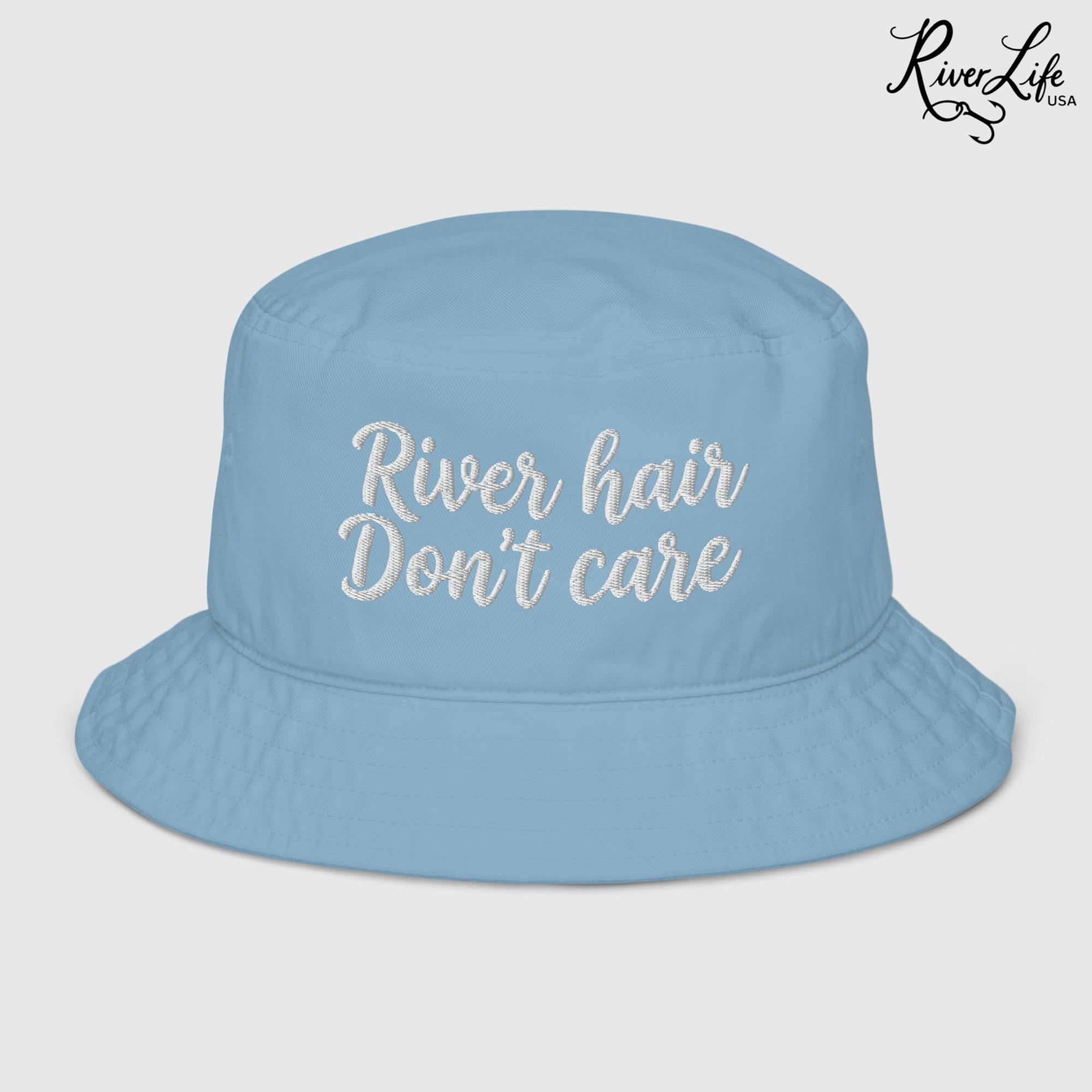 River Hair Don't Care (white embroidery) | Premium Organic Bucket Hat-Slate Blue-River Life USA