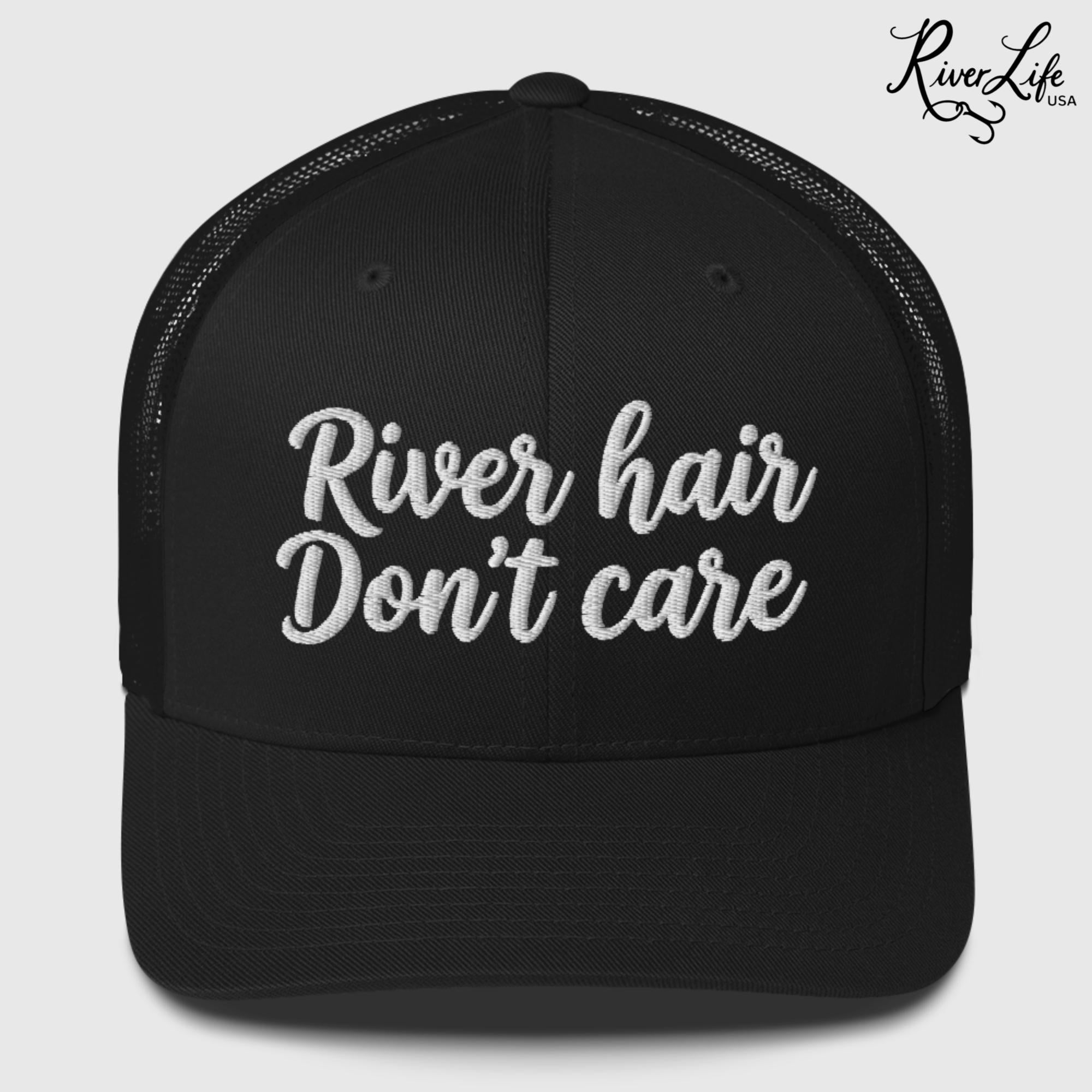 River Hair Don't Care (white embroidery) | Snapback Trucker Cap-Black-River Life USA