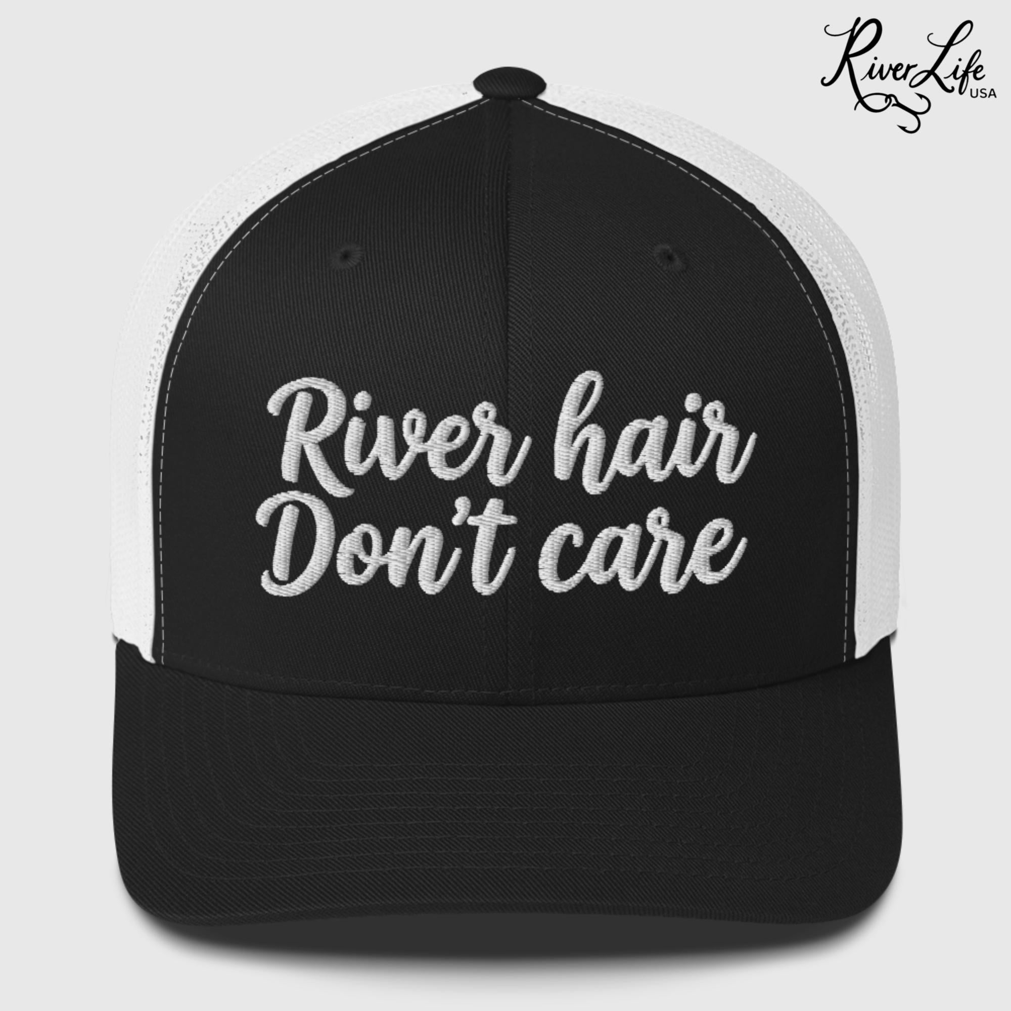 River Hair Don't Care (white embroidery) | Snapback Trucker Cap-Black/ White-River Life USA