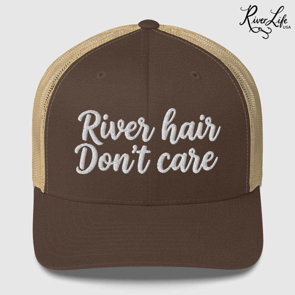 River Hair Don't Care (white embroidery) | Snapback Trucker Cap-Brown/ Khaki-River Life USA