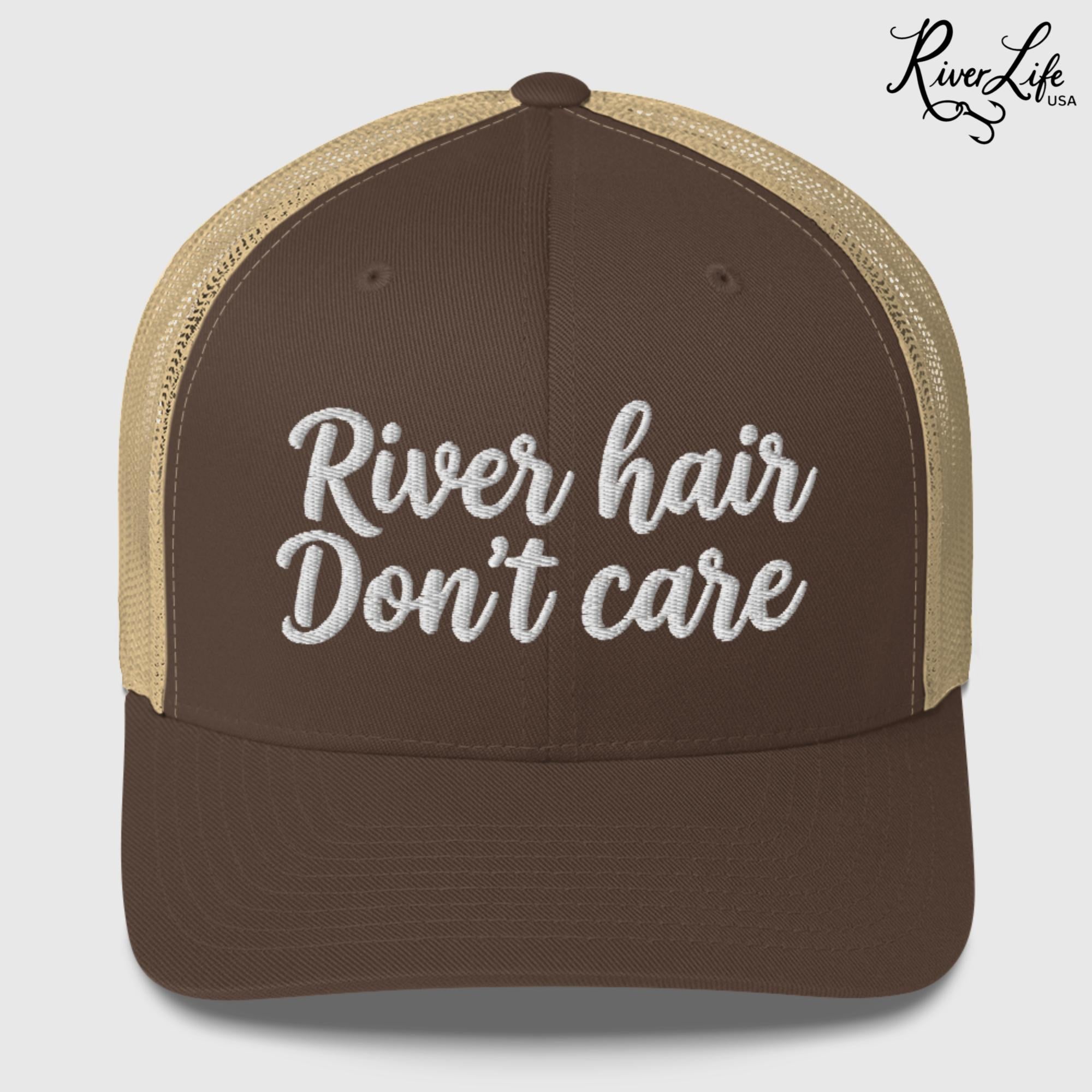 River Hair Don't Care (white embroidery) | Snapback Trucker Cap-Brown/ Khaki-River Life USA