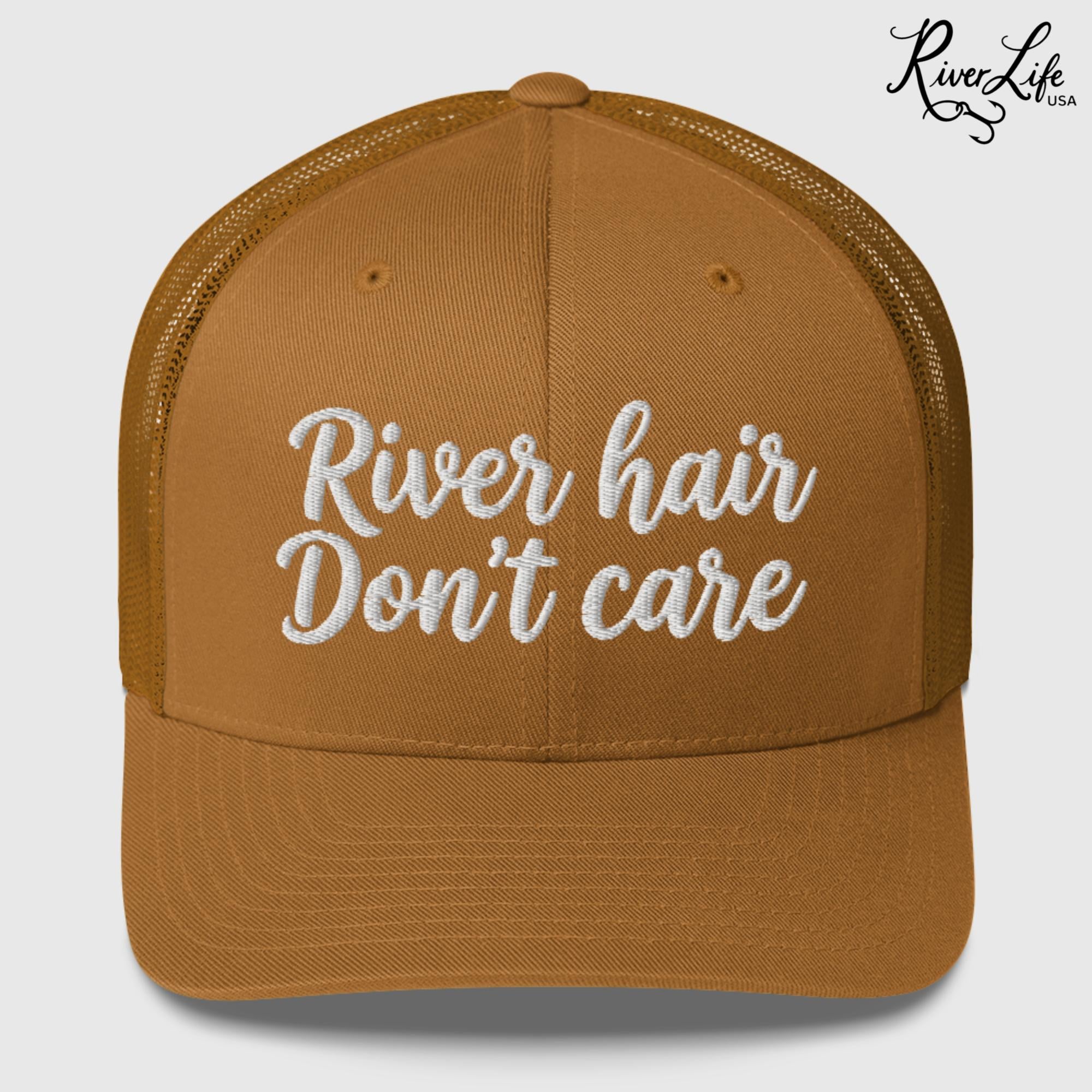 River Hair Don't Care (white embroidery) | Snapback Trucker Cap-Caramel-River Life USA