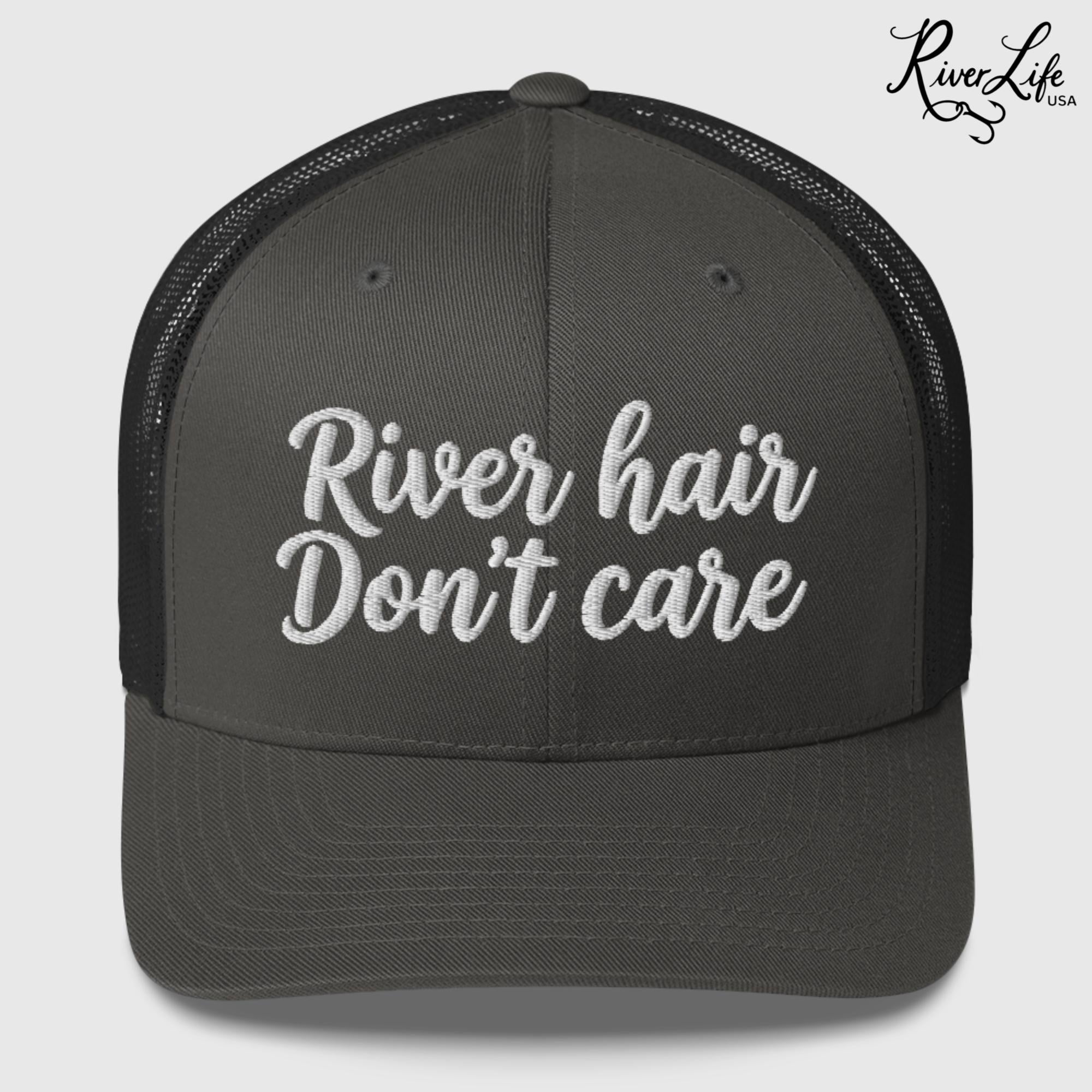 River Hair Don't Care (white embroidery) | Snapback Trucker Cap-Charcoal-River Life USA