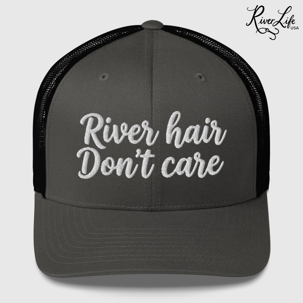 River Hair Don't Care (white embroidery) | Snapback Trucker Cap-Charcoal/ Black-River Life USA