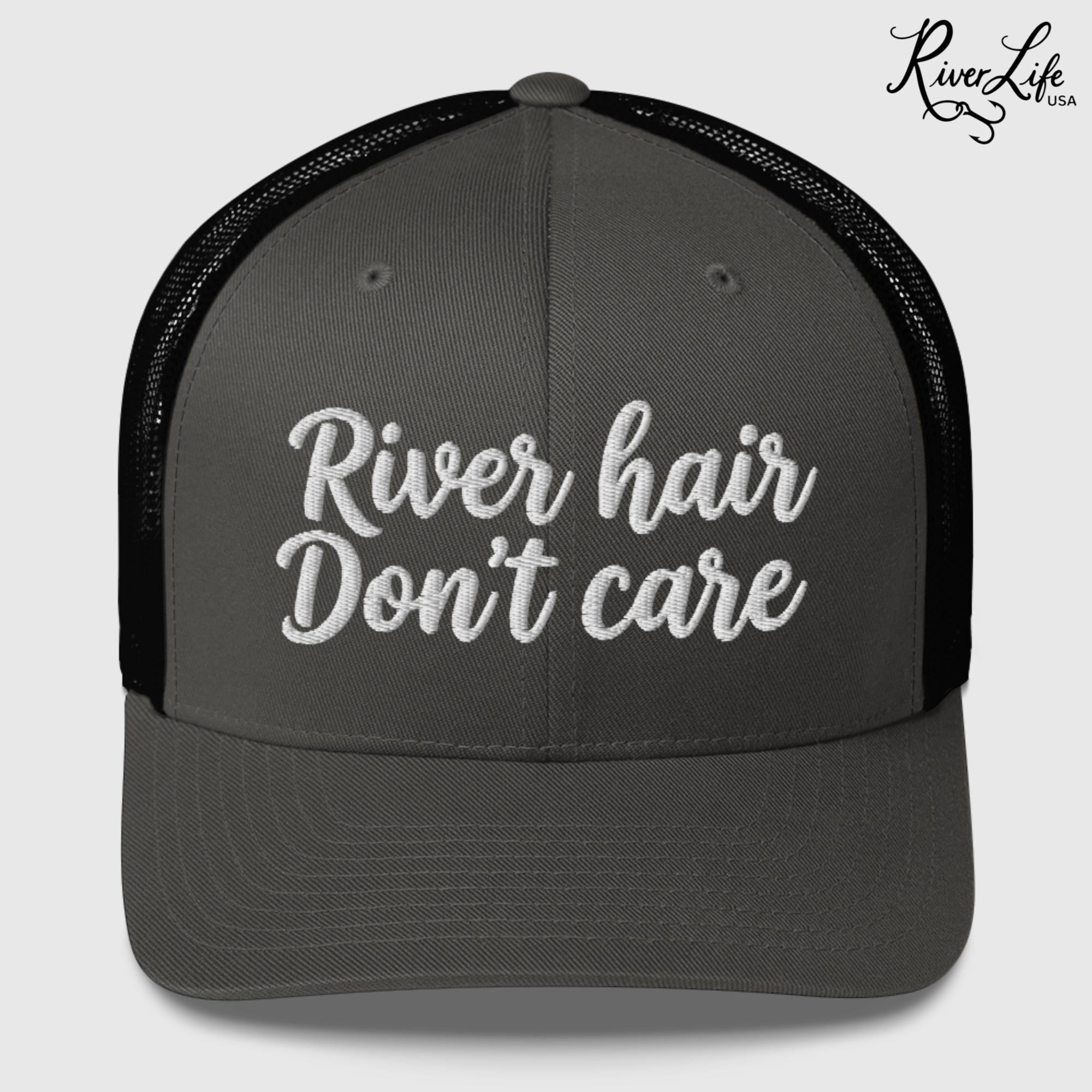River Hair Don't Care (white embroidery) | Snapback Trucker Cap-Charcoal/ Black-River Life USA