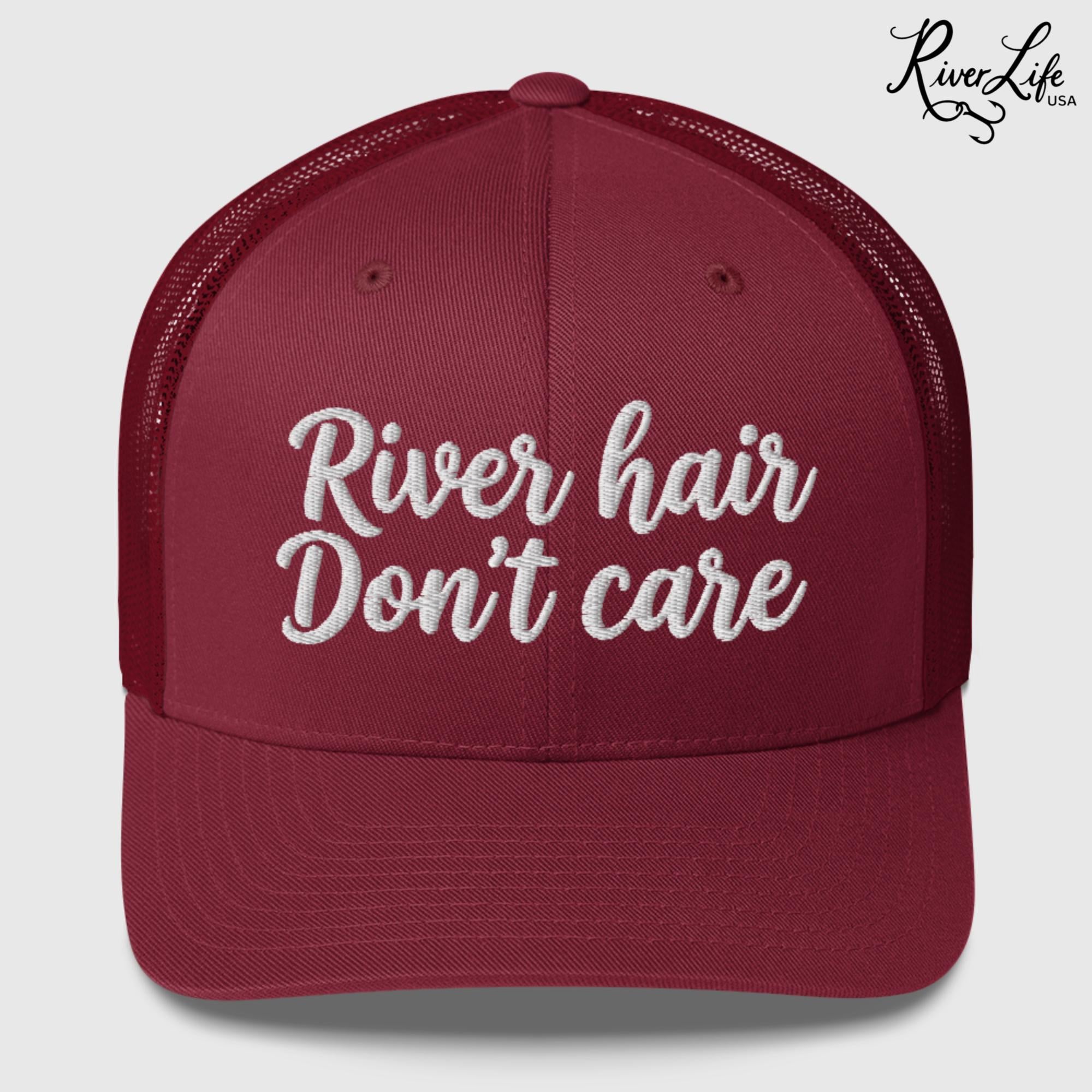 River Hair Don't Care (white embroidery) | Snapback Trucker Cap-Cranberry-River Life USA