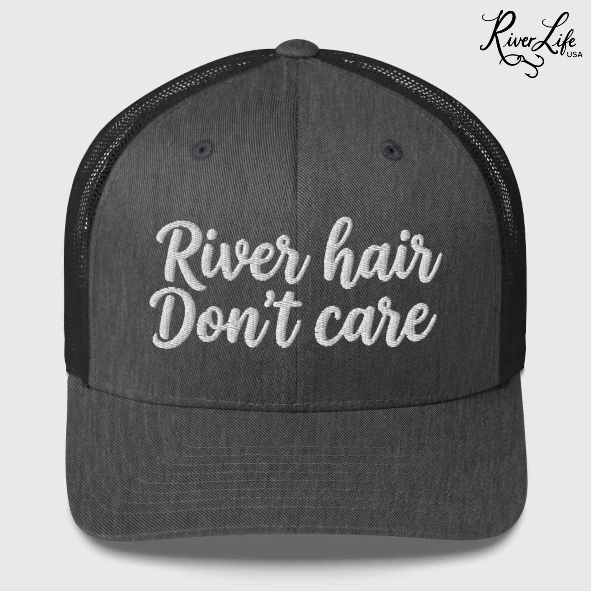 River Hair Don't Care (white embroidery) | Snapback Trucker Cap-Dark Heather Gray-River Life USA