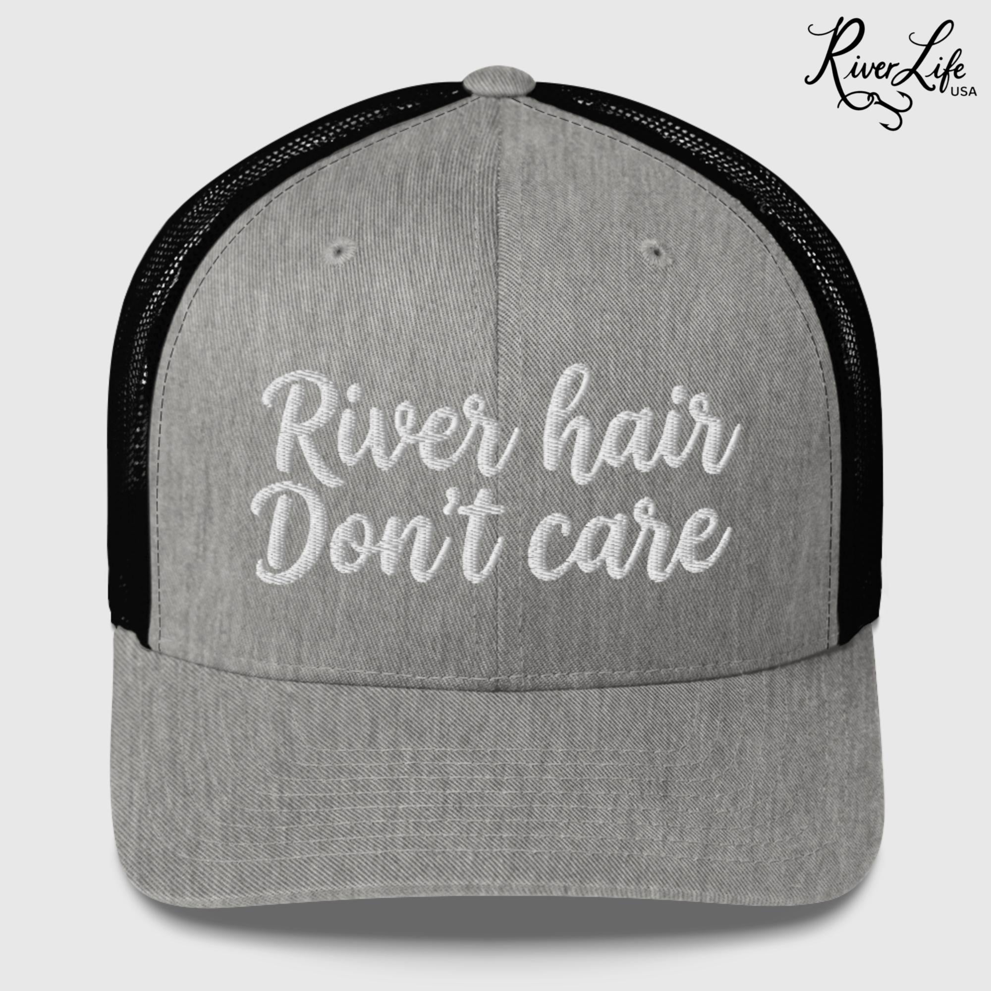 River Hair Don't Care (white embroidery) | Snapback Trucker Cap-Heather/ Black-River Life USA