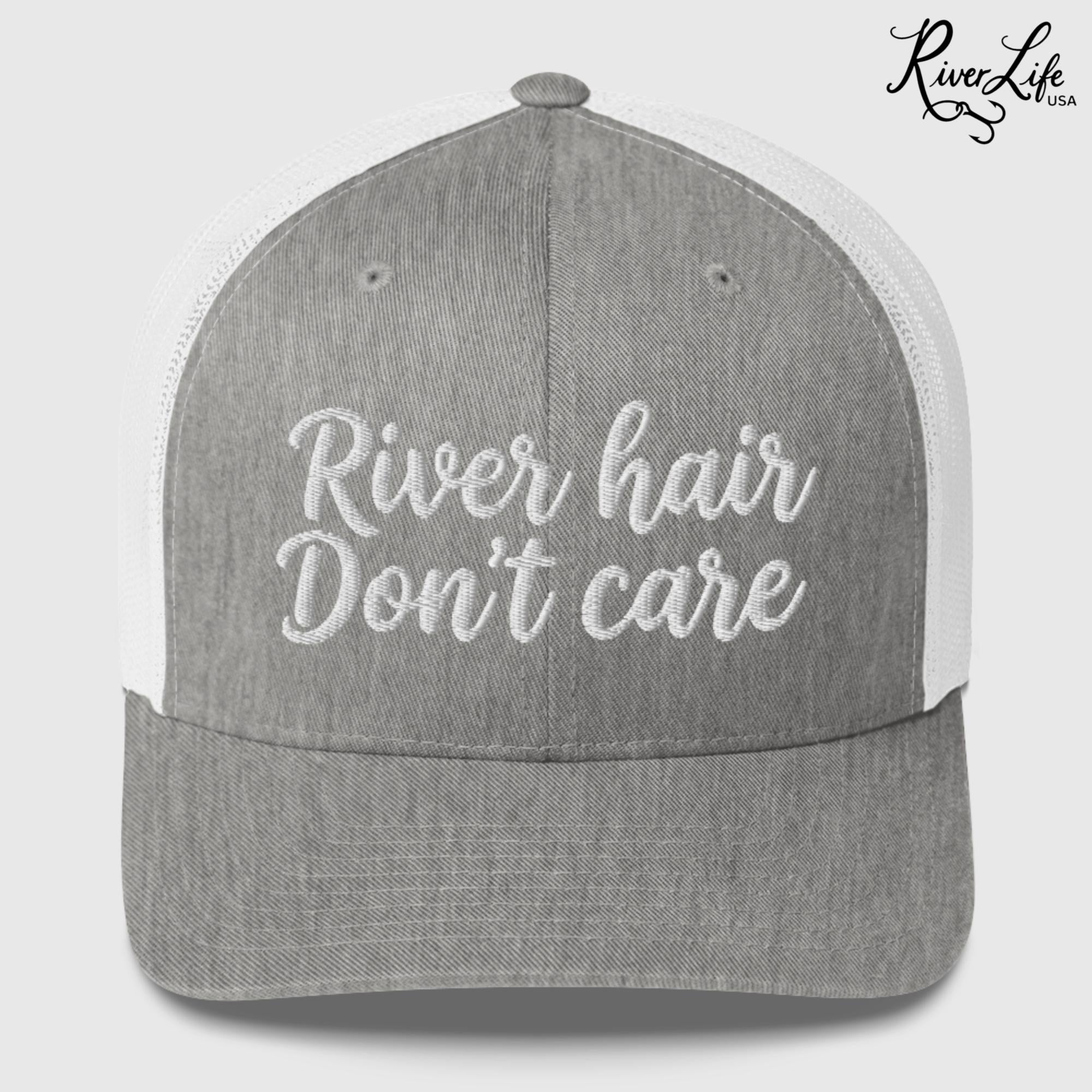 River Hair Don't Care (white embroidery) | Snapback Trucker Cap-Heather Grey/White-River Life USA