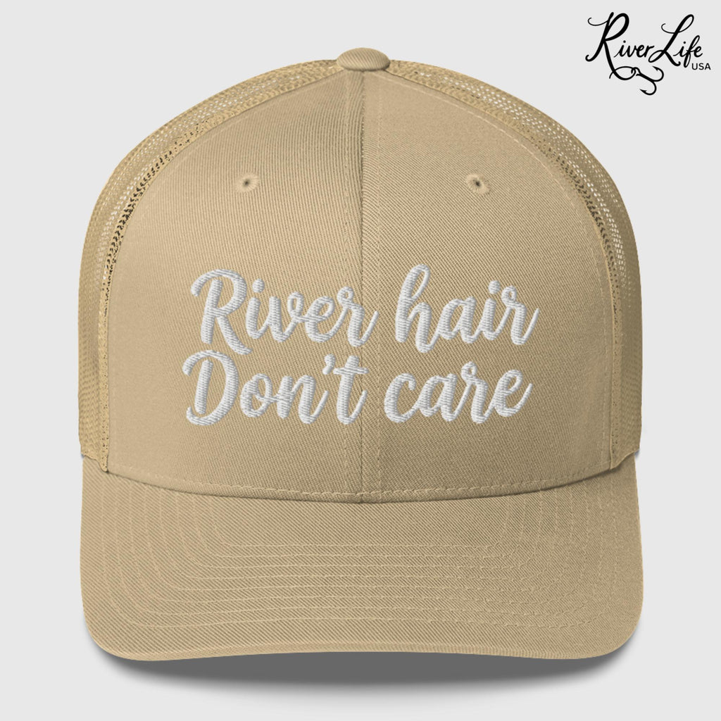 River Hair Don't Care (white embroidery) | Snapback Trucker Cap-Khaki-River Life USA