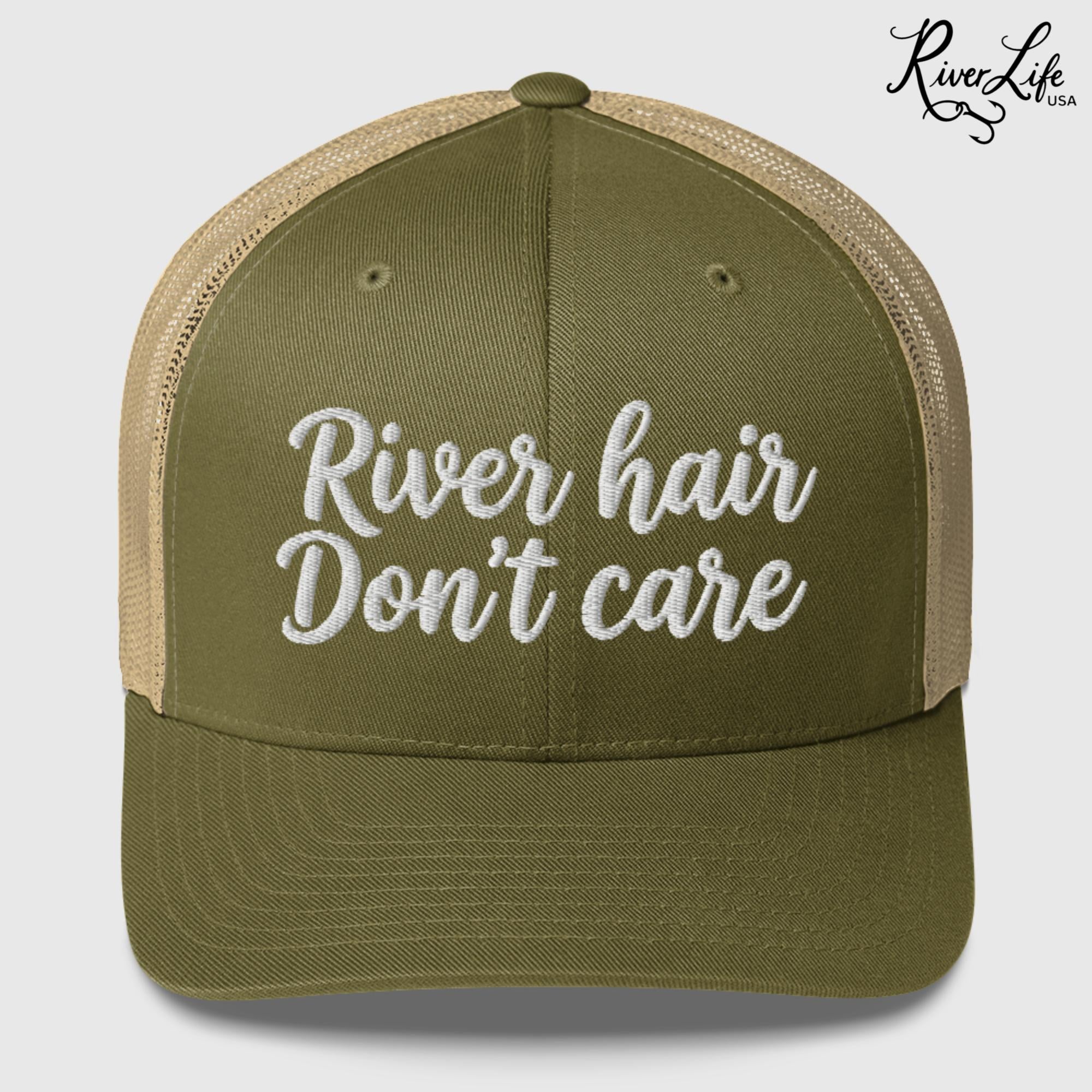 River Hair Don't Care (white embroidery) | Snapback Trucker Cap-Moss/ Khaki-River Life USA