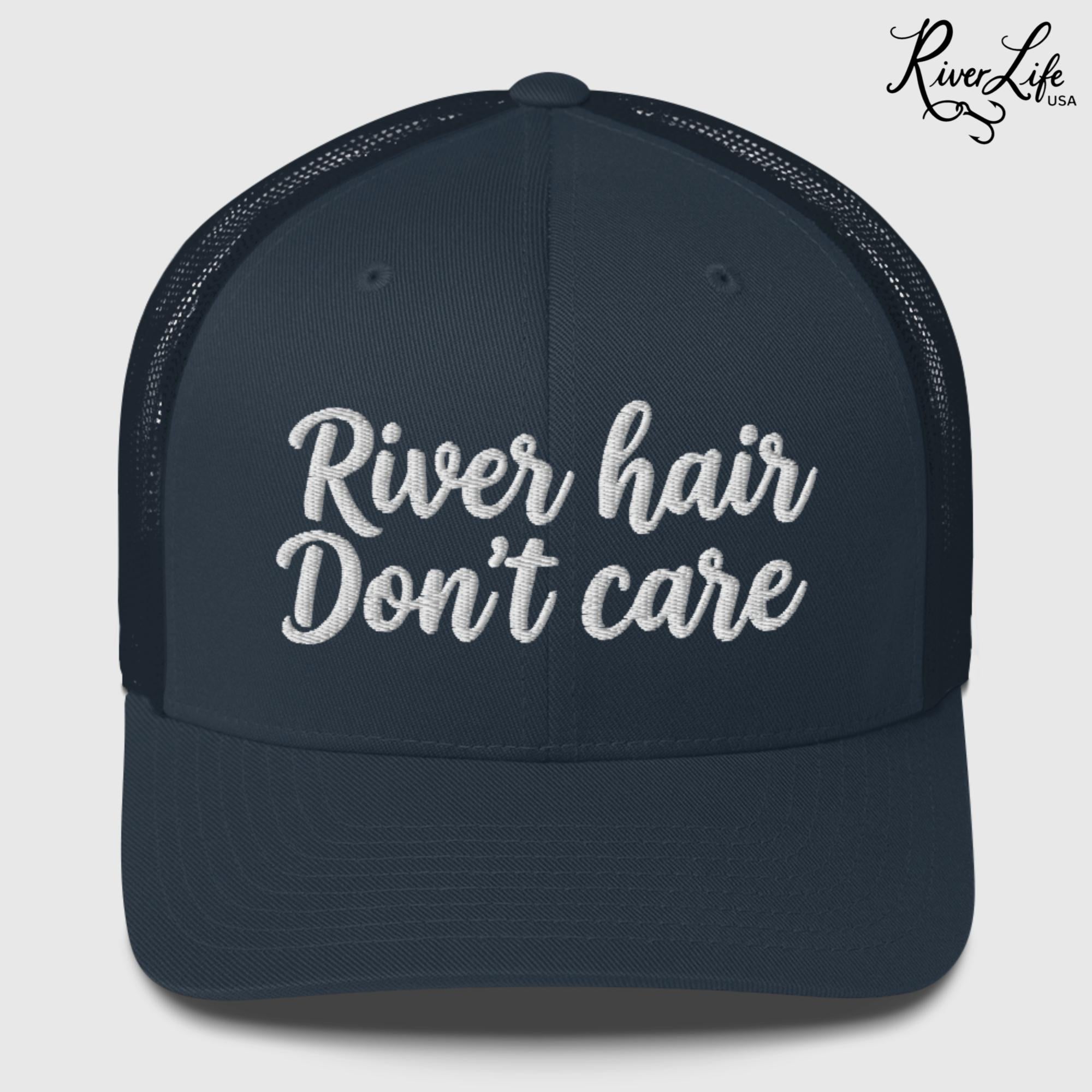 River Hair Don't Care (white embroidery) | Snapback Trucker Cap-Navy-River Life USA