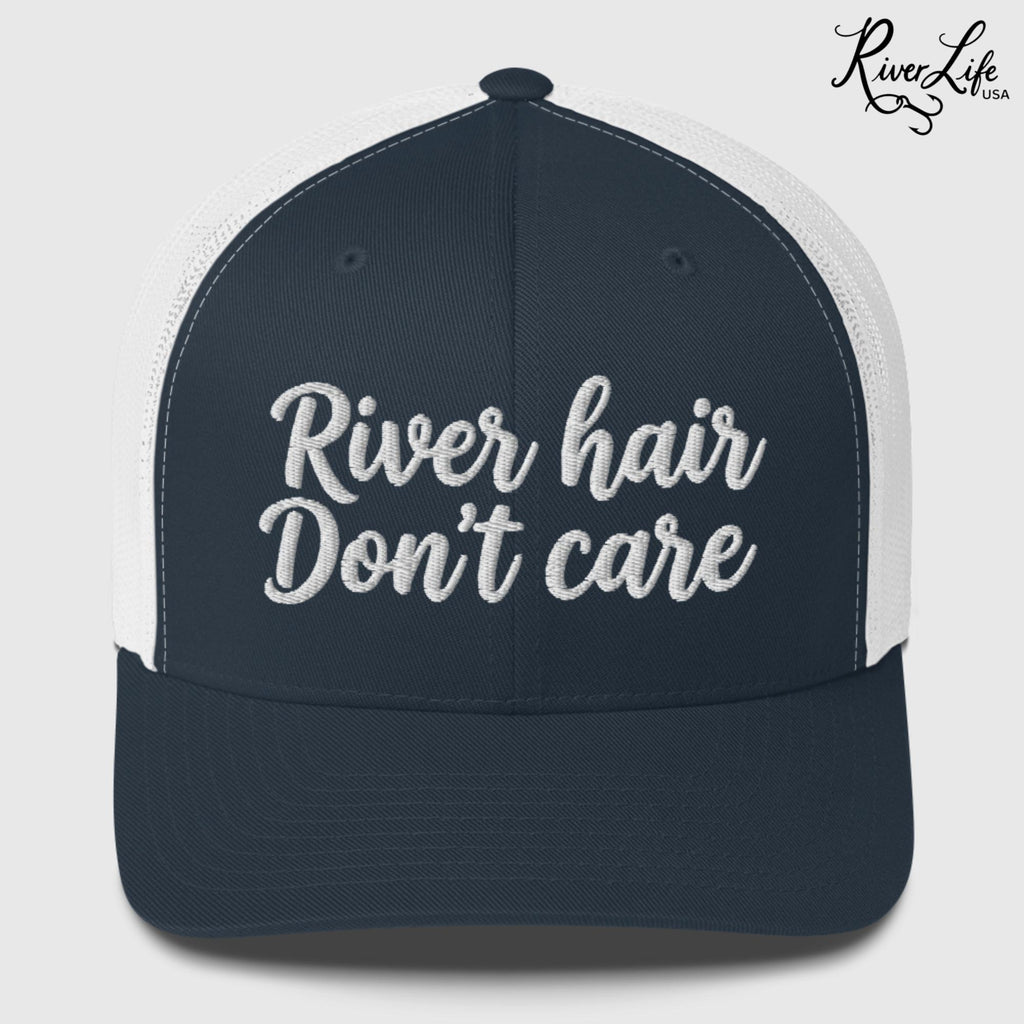 River Hair Don't Care (white embroidery) | Snapback Trucker Cap-Navy/ White-River Life USA