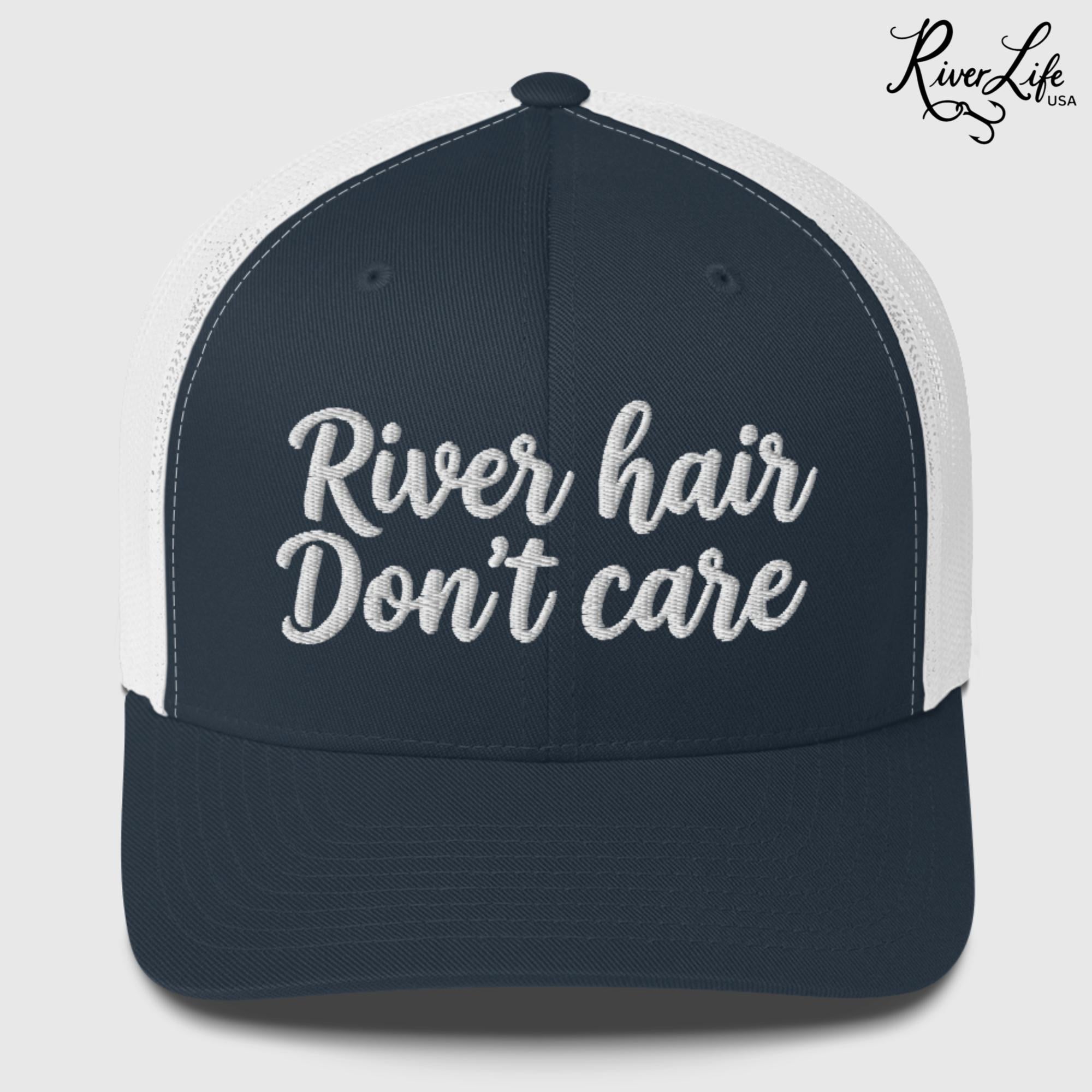 River Hair Don't Care (white embroidery) | Snapback Trucker Cap-Navy/ White-River Life USA