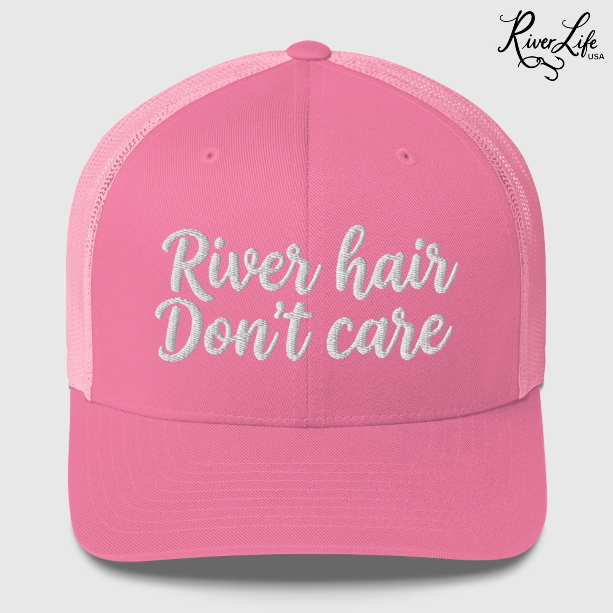 River Hair Don't Care (white embroidery) | Snapback Trucker Cap-Pink-River Life USA
