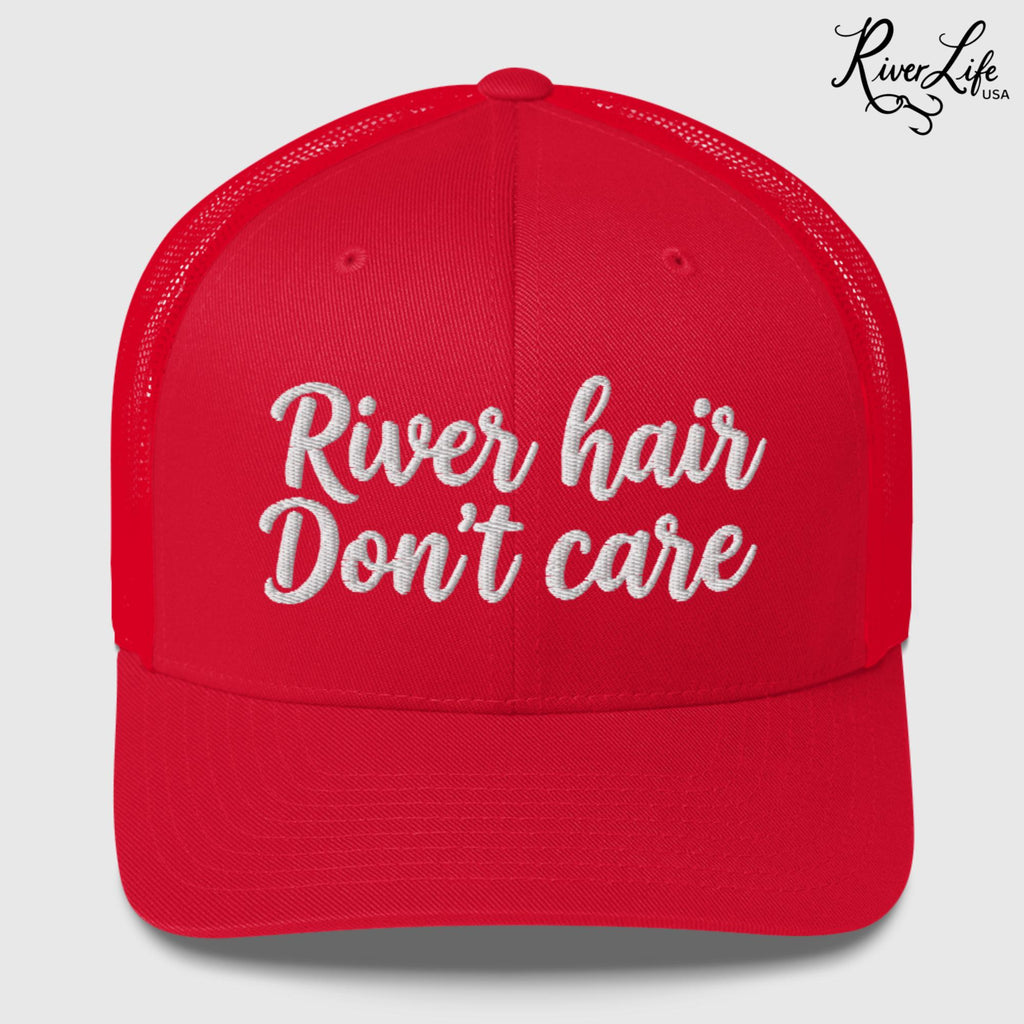 River Hair Don't Care (white embroidery) | Snapback Trucker Cap-Red-River Life USA
