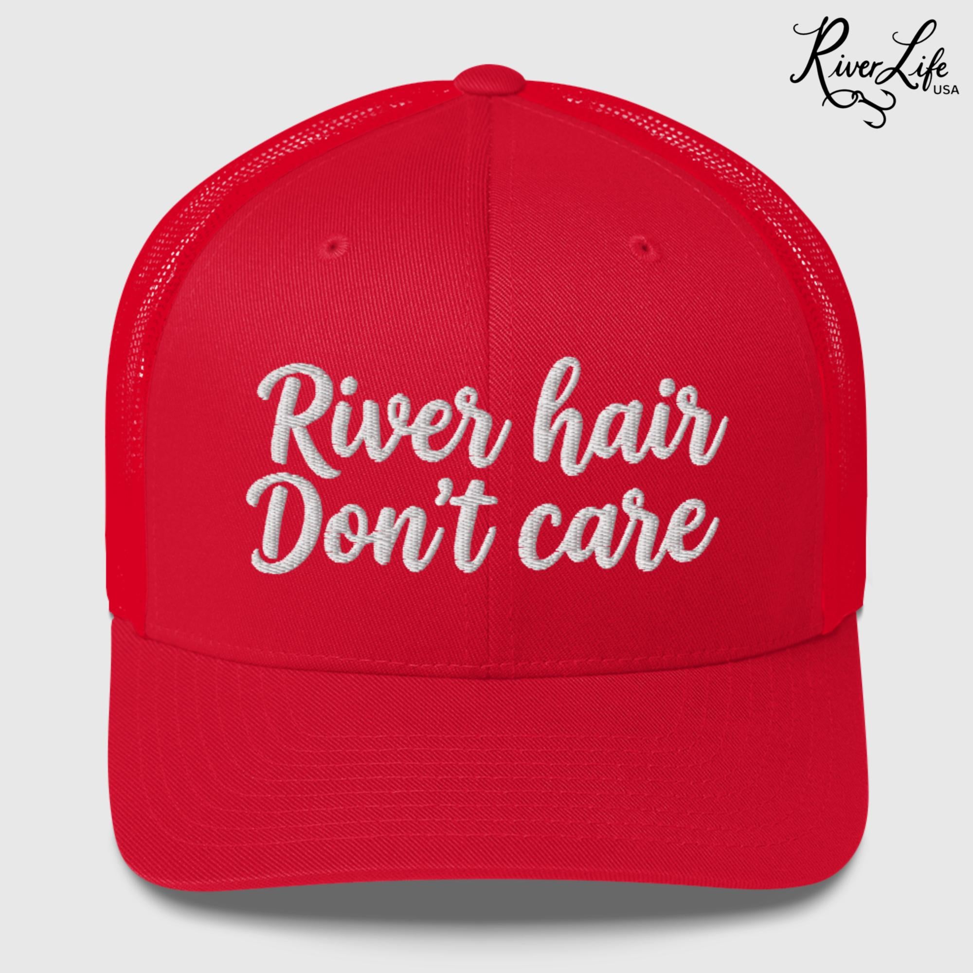 River Hair Don't Care (white embroidery) | Snapback Trucker Cap-Red-River Life USA