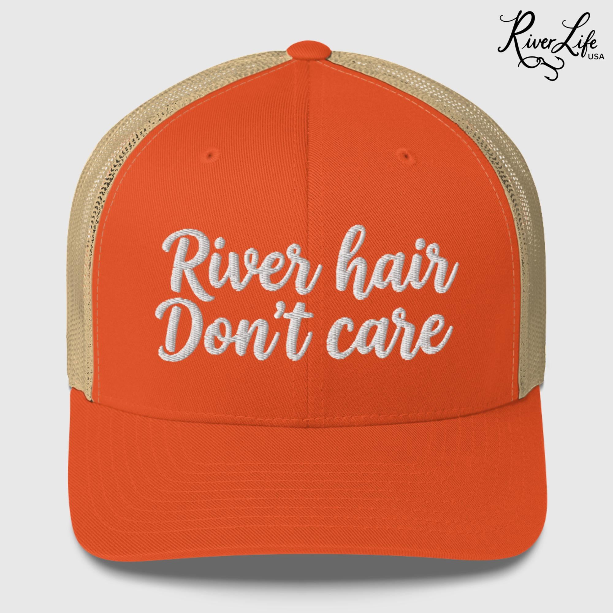 River Hair Don't Care (white embroidery) | Snapback Trucker Cap-Rustic Orange/ Khaki-River Life USA