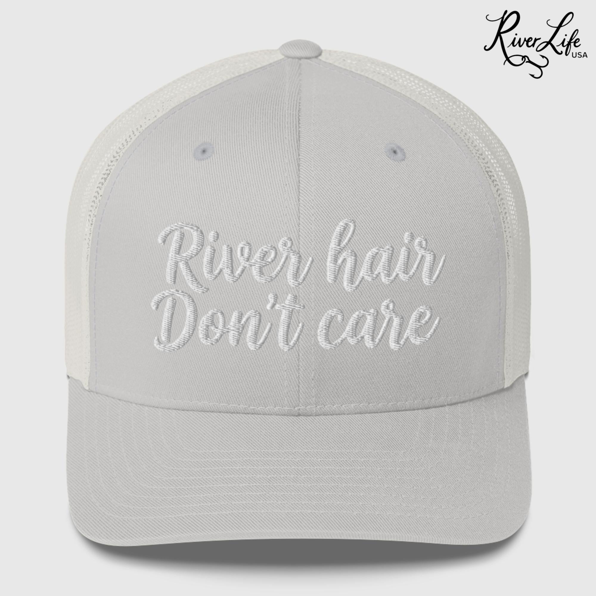 River Hair Don't Care (white embroidery) | Snapback Trucker Cap-Silver-River Life USA