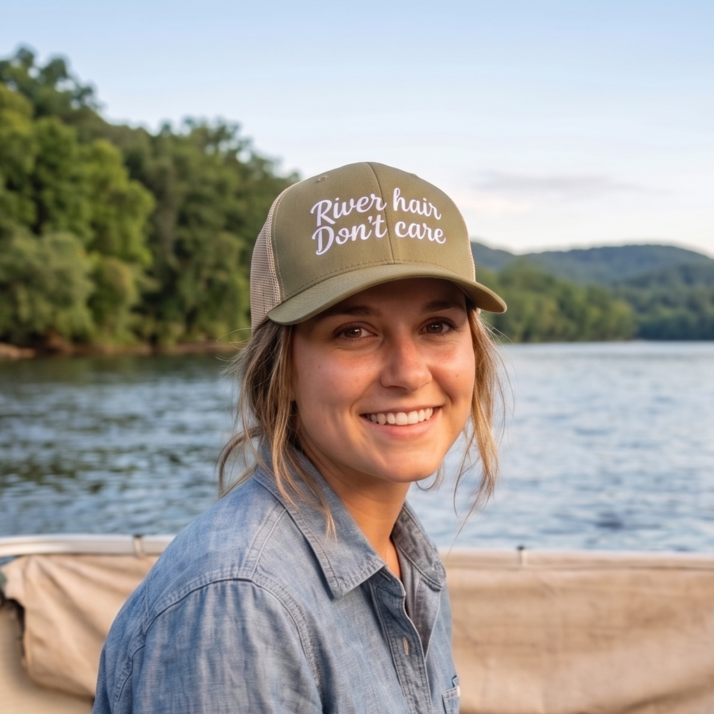 River Hair Don't Care (white embroidery) | Snapback Trucker Cap-Moss/ Khaki-River Life USA