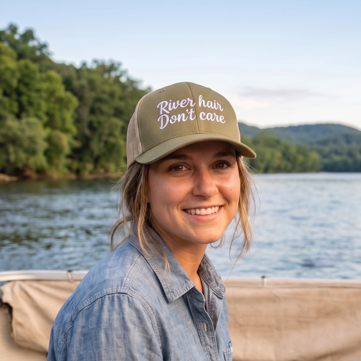 River Hair Don't Care (white embroidery) | Snapback Trucker Cap-Moss/ Khaki-River Life USA