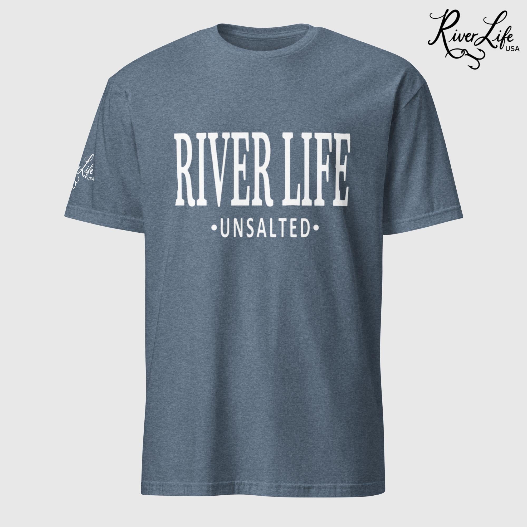 River Life - Unsalted (white print) | Short-Sleeve Unisex T-Shirt-Heather Indigo-River Life USA