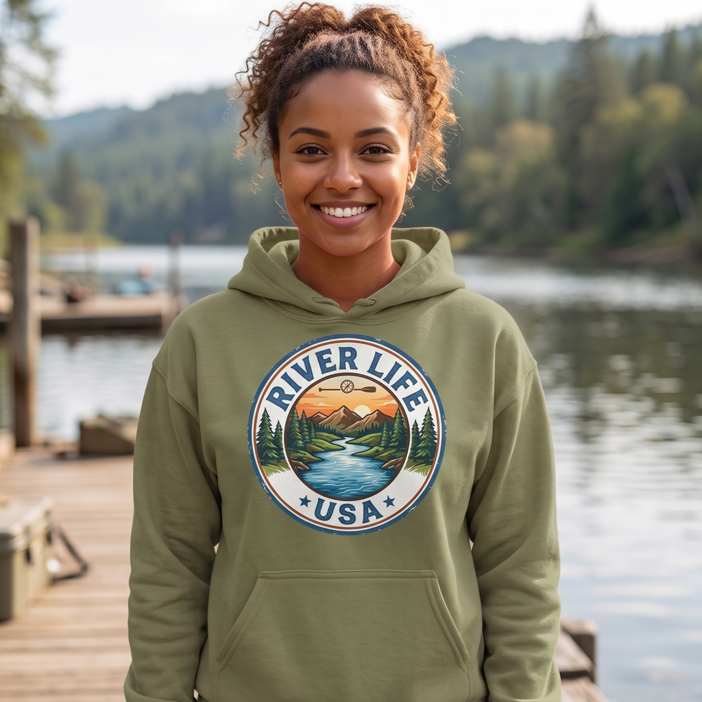 River Life USA Circle Logo | Unisex Pullover Hoodie-Military Green-River Life USA