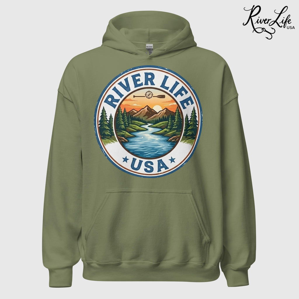 River Life USA Circle Logo | Unisex Pullover Hoodie-Military Green-River Life USA
