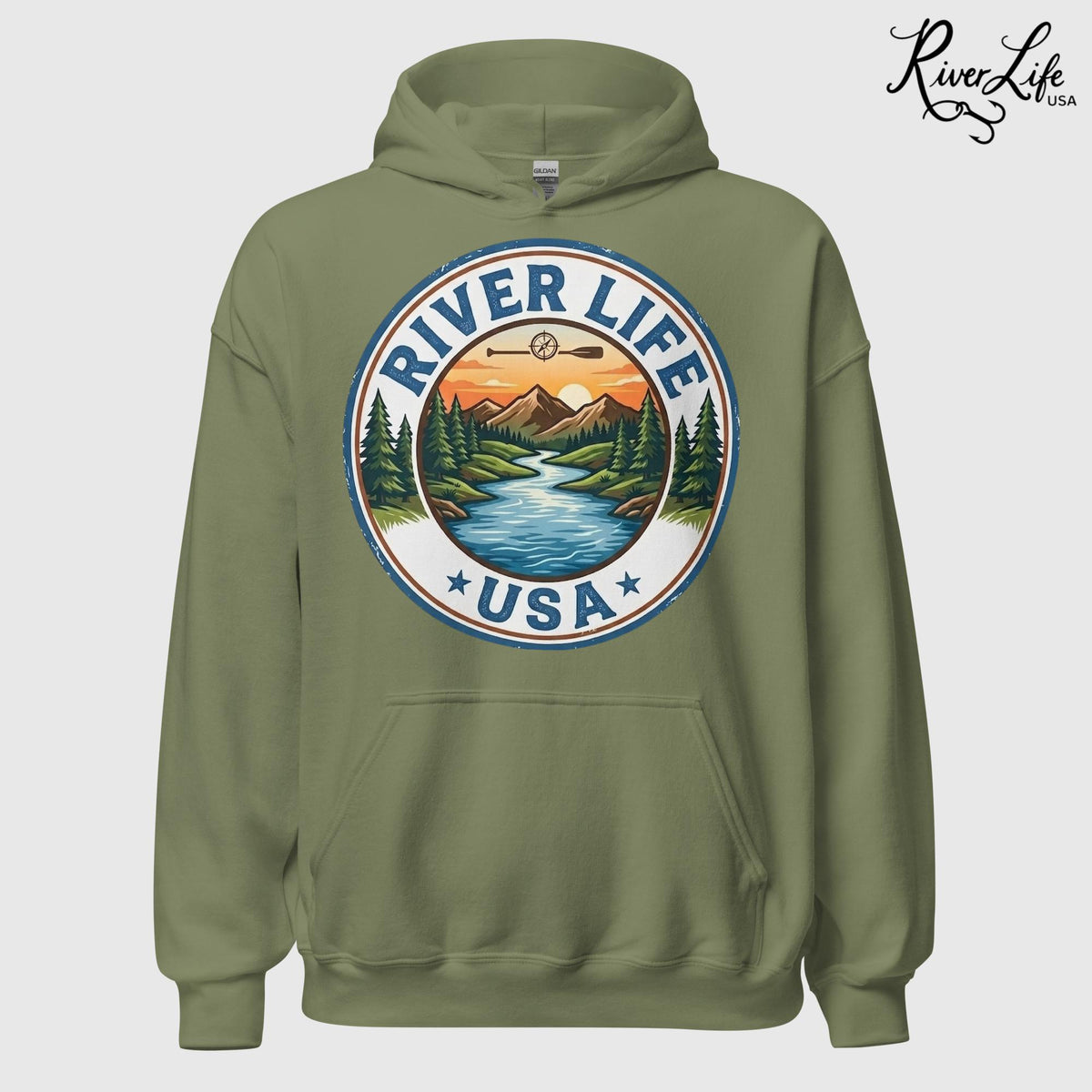 River Life USA Circle Logo | Unisex Pullover Hoodie-Military Green-River Life USA