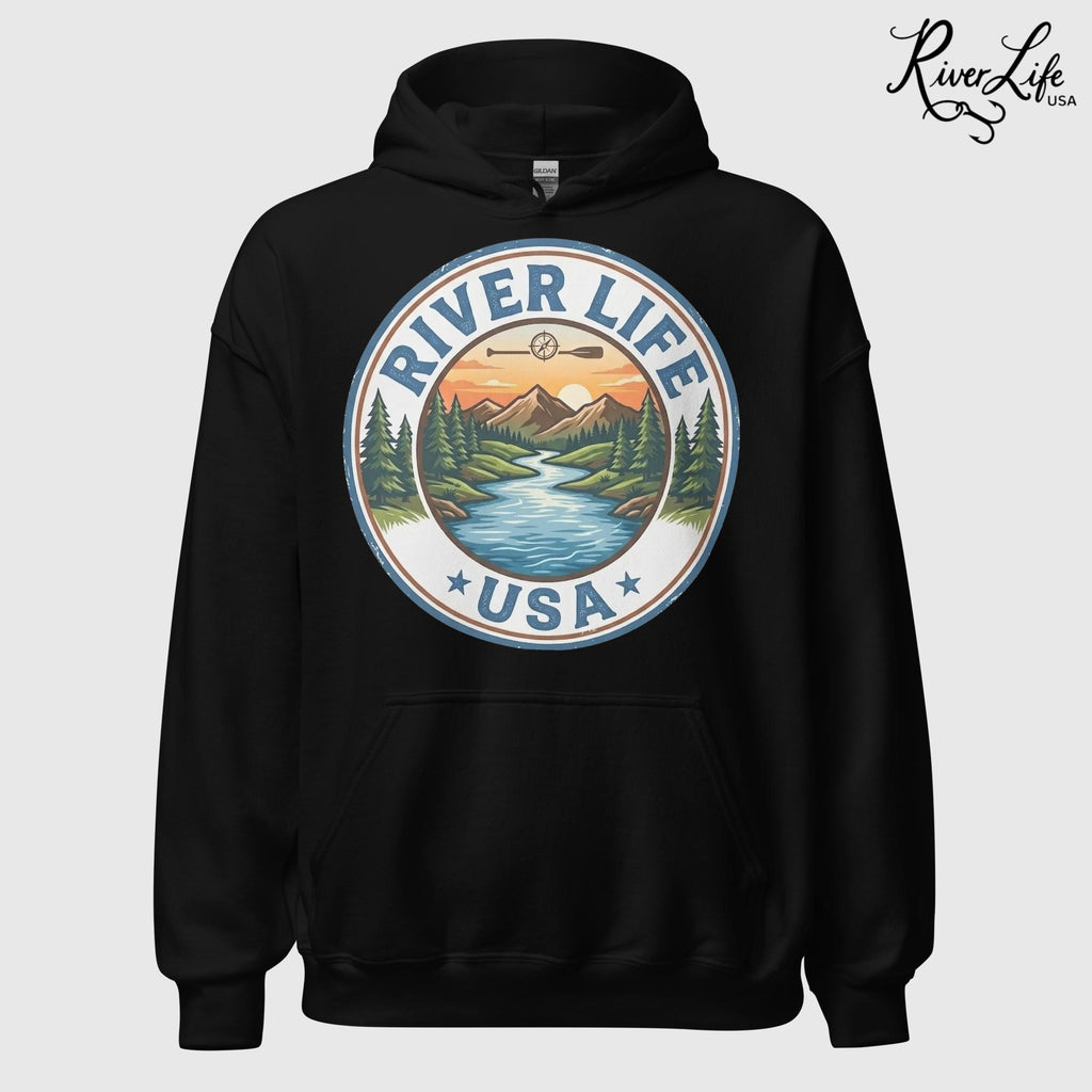 River Life USA Circle Logo | Unisex Pullover Hoodie-Black-River Life USA