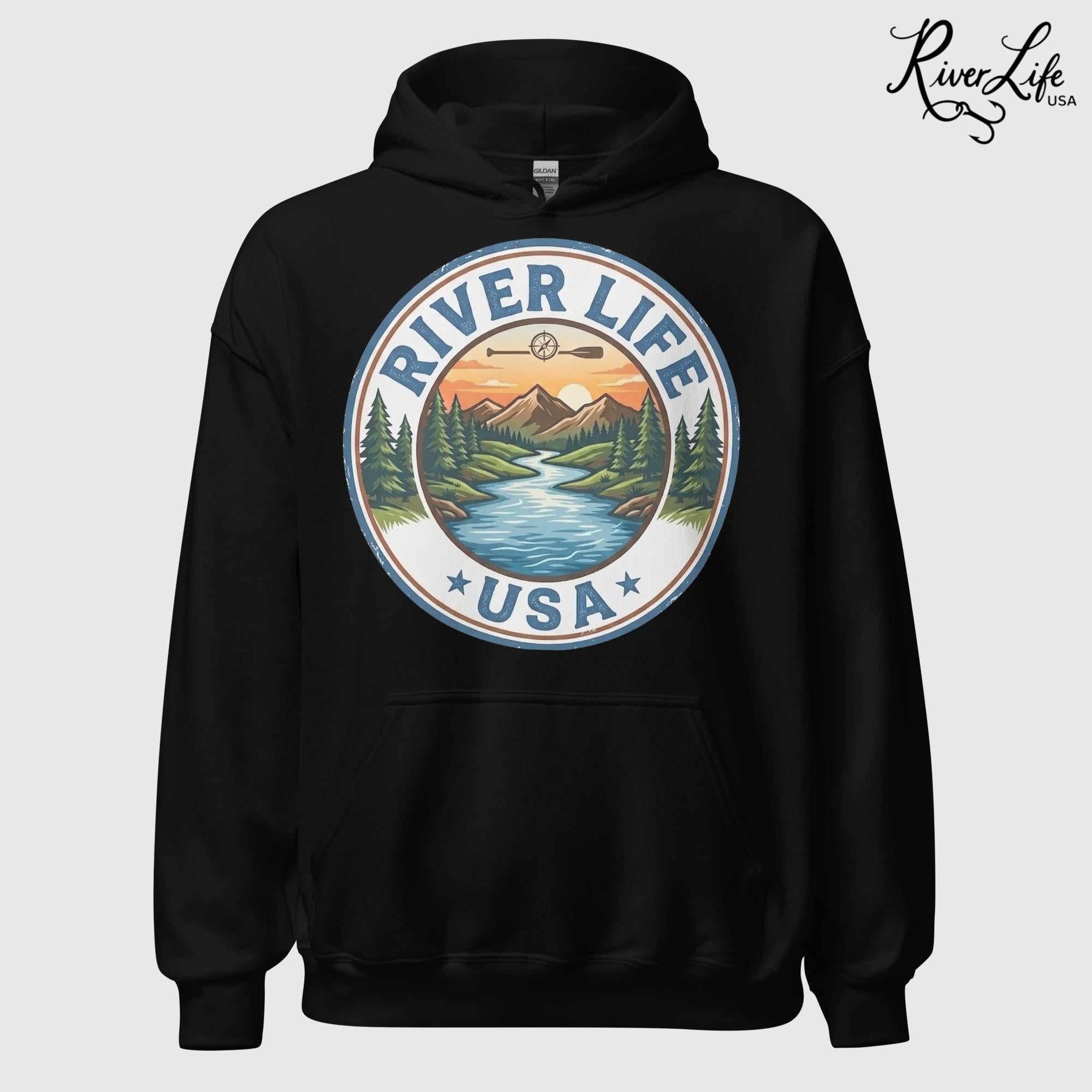 River Life USA Circle Logo | Unisex Pullover Hoodie-Black-River Life USA
