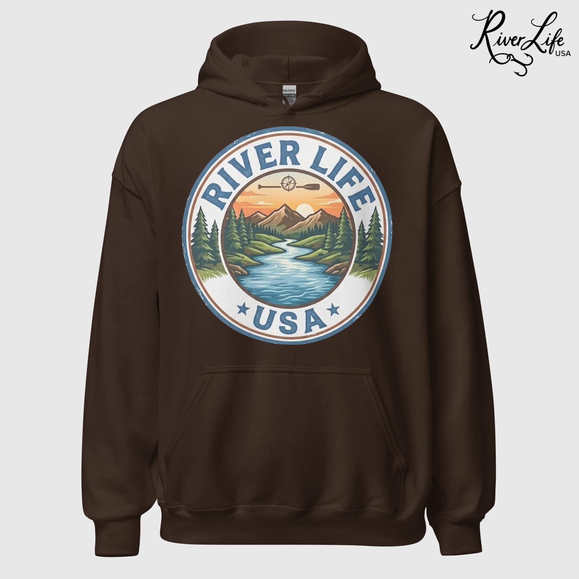 River Life USA Circle Logo | Unisex Pullover Hoodie-Dark Chocolate-River Life USA