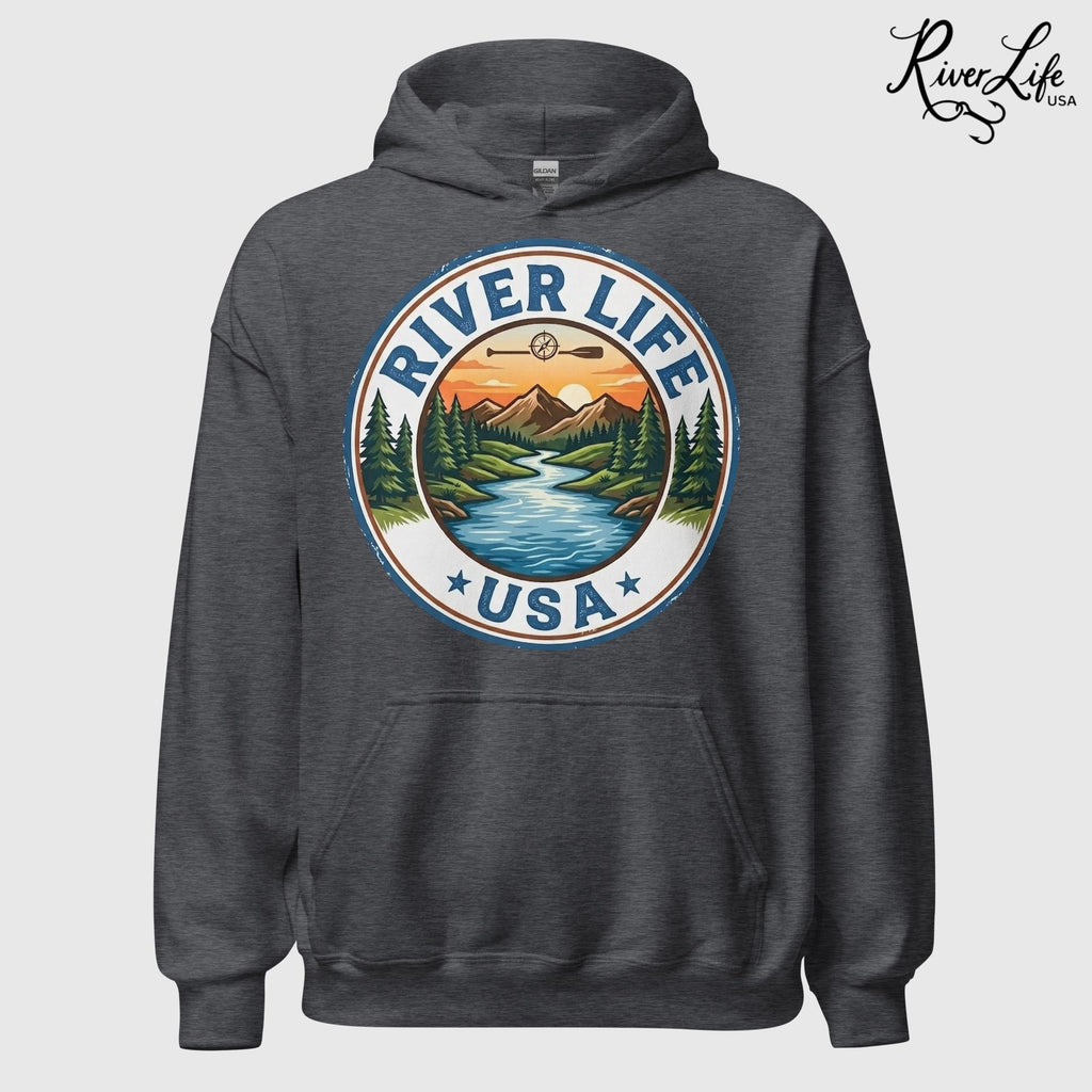 River Life USA Circle Logo | Unisex Pullover Hoodie-Dark Heather-River Life USA