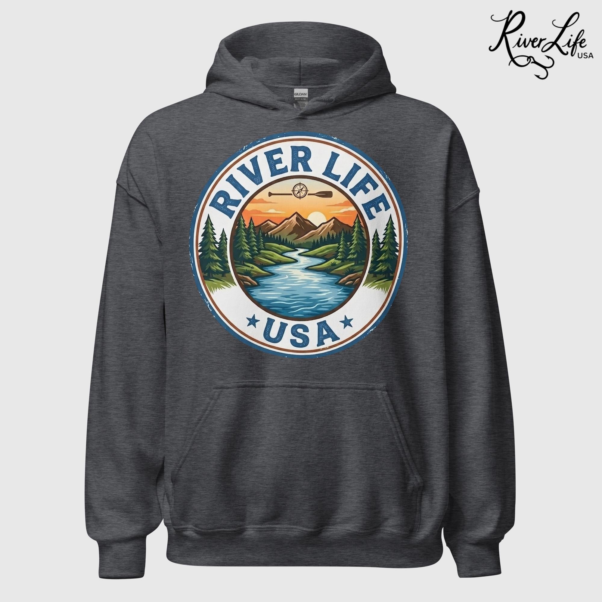 River Life USA Circle Logo | Unisex Pullover Hoodie-Dark Heather-River Life USA