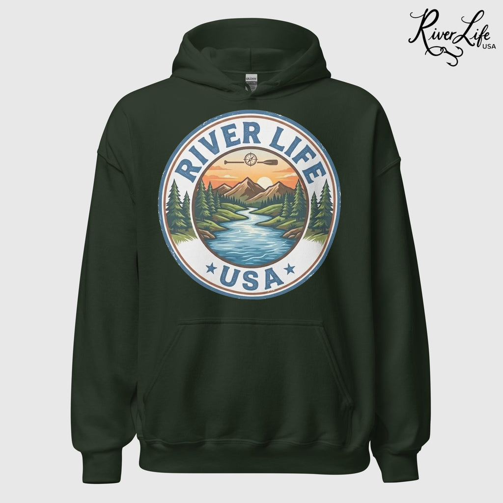River Life USA Circle Logo | Unisex Pullover Hoodie-Forest Green-River Life USA