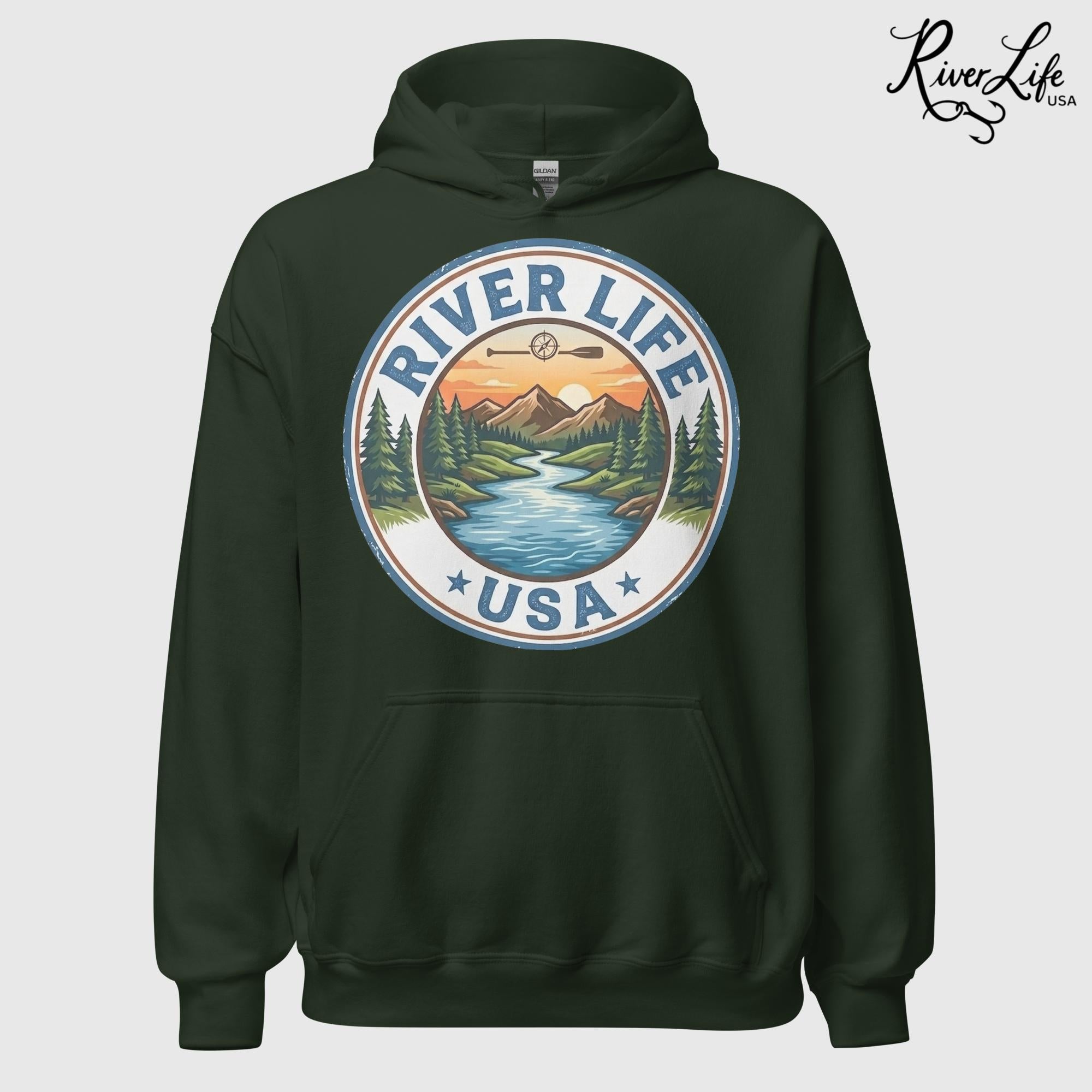 River Life USA Circle Logo | Unisex Pullover Hoodie-Forest Green-River Life USA