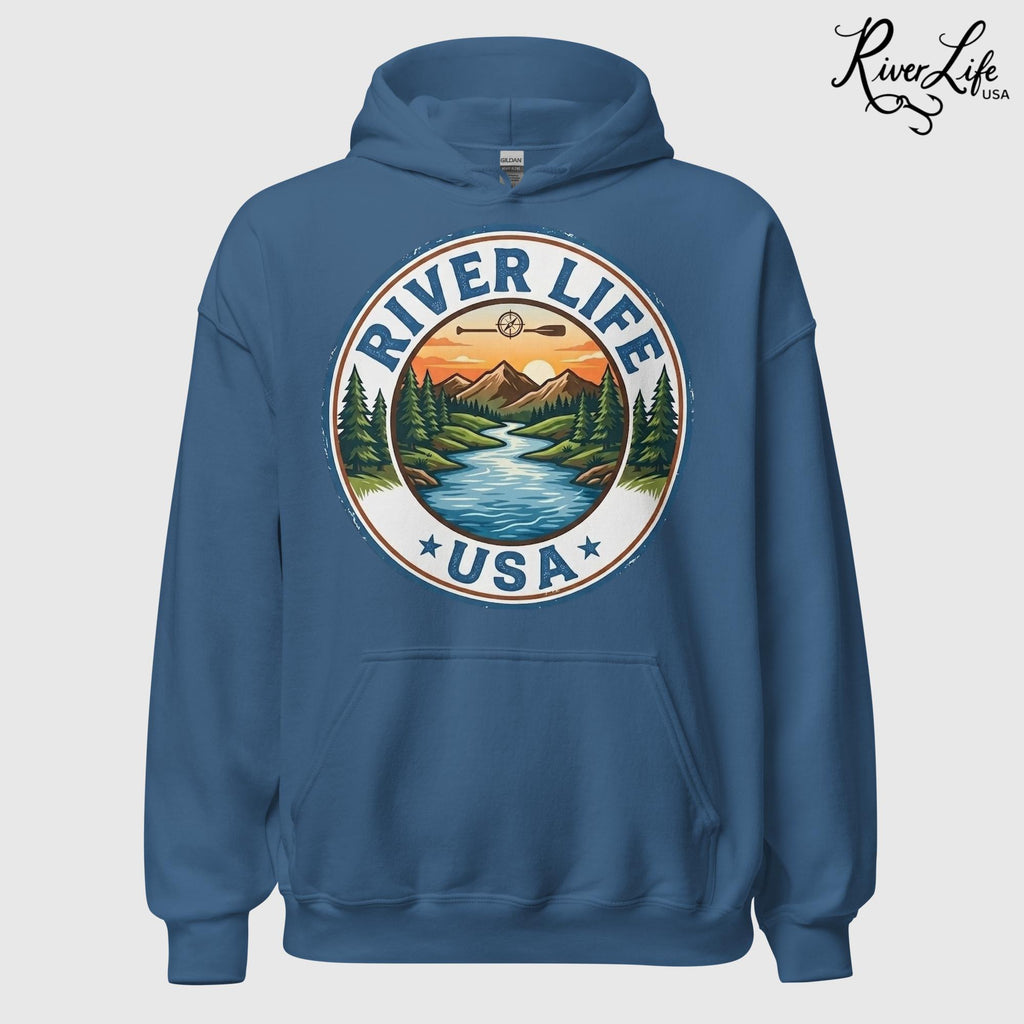 River Life USA Circle Logo | Unisex Pullover Hoodie-Heather Indigo-River Life USA