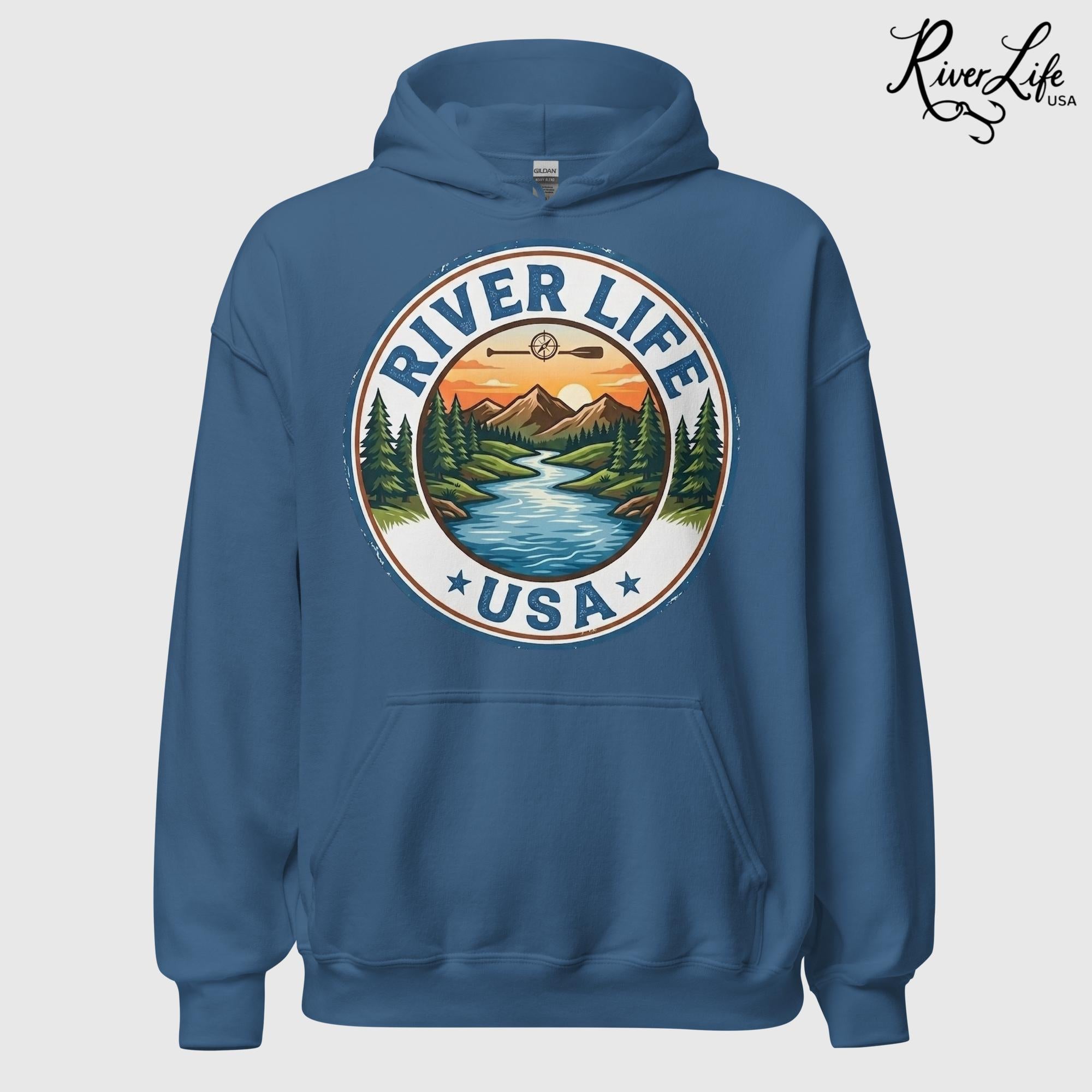 River Life USA Circle Logo | Unisex Pullover Hoodie-Heather Indigo-River Life USA
