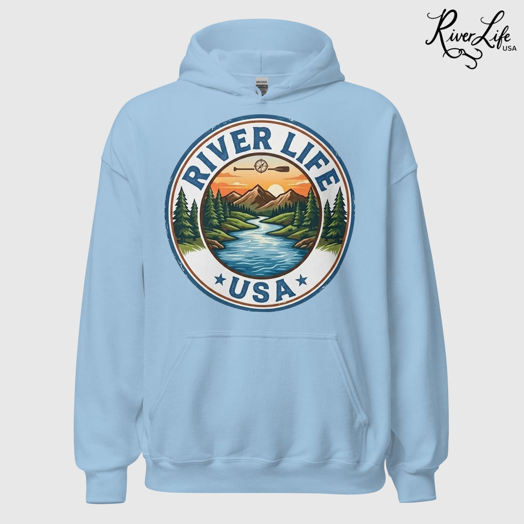 River Life USA Circle Logo | Unisex Pullover Hoodie-Light Blue-River Life USA