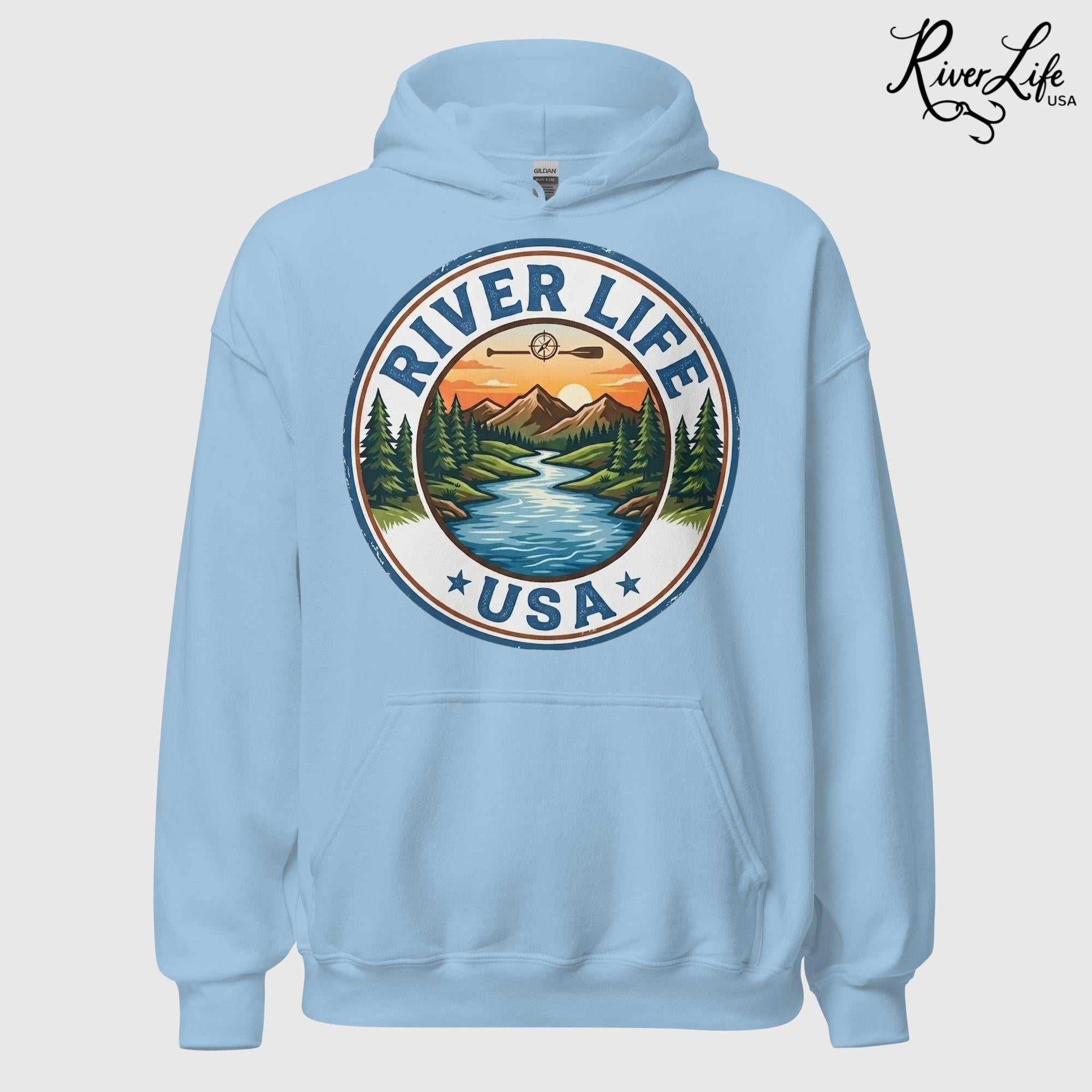 River Life USA Circle Logo | Unisex Pullover Hoodie-Light Blue-River Life USA