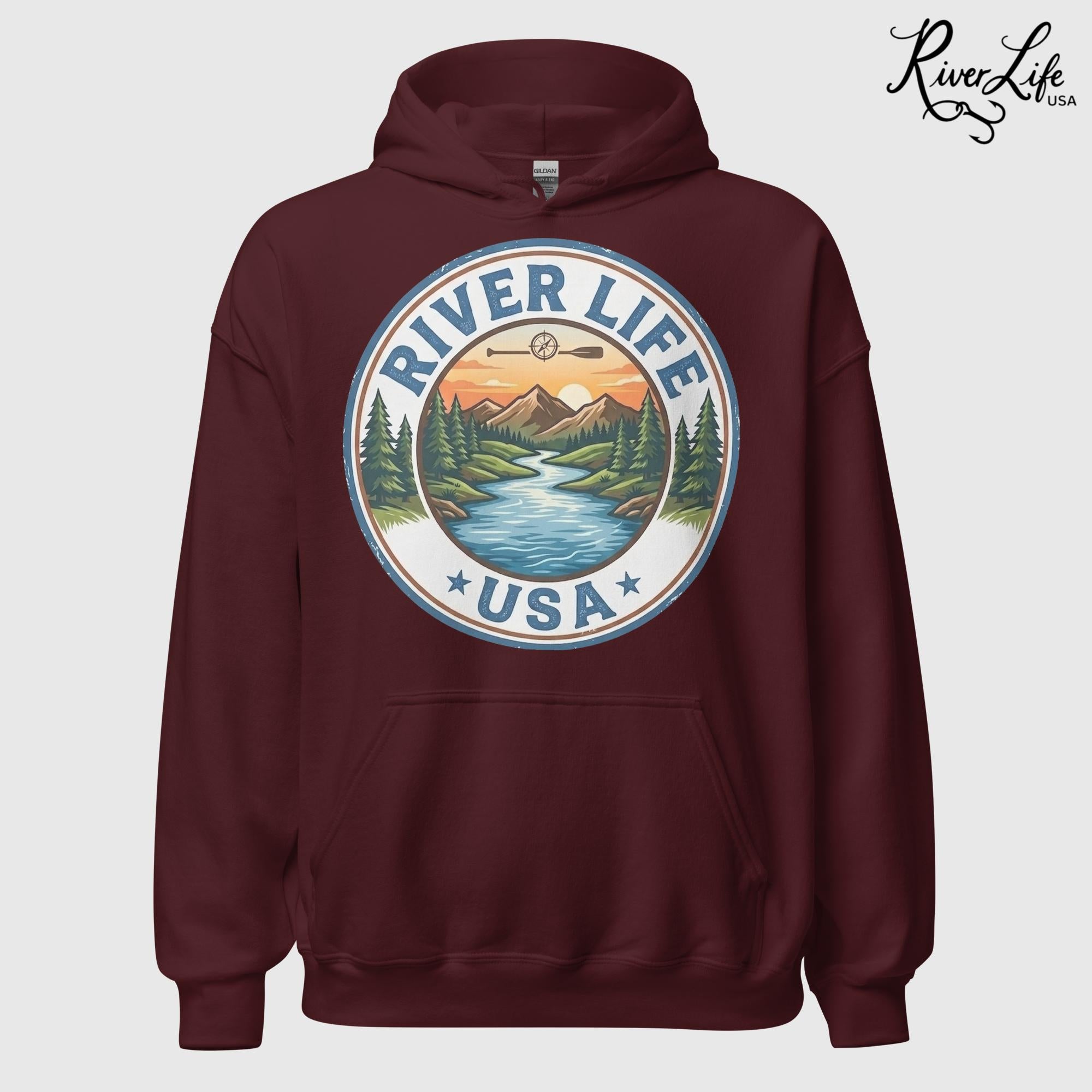 River Life USA Circle Logo | Unisex Pullover Hoodie-Maroon-River Life USA